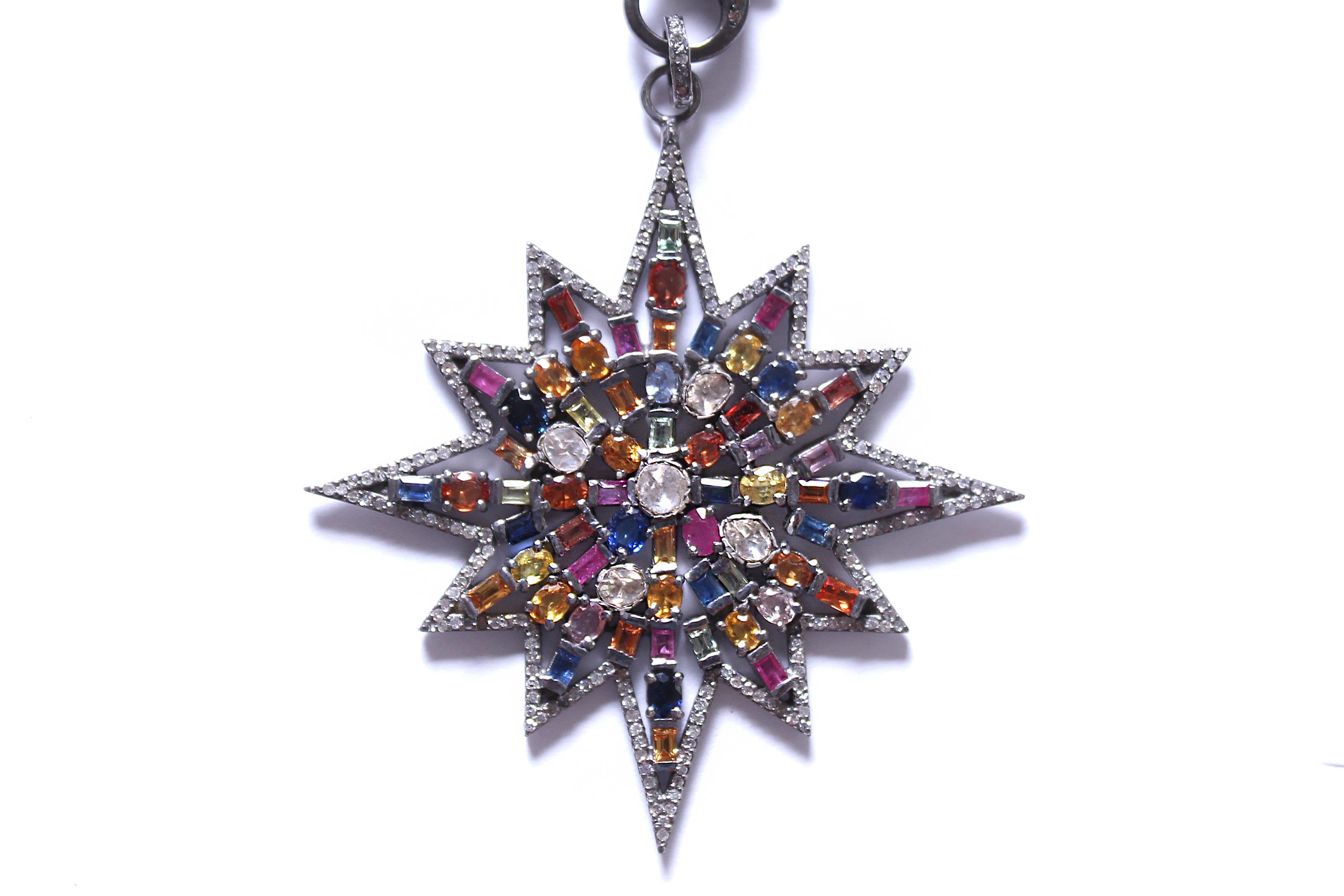 Rose Cut Clarissa Bronfman Emerald, Sapphire, Peridot, Diamond Starburst Pendant Rosary