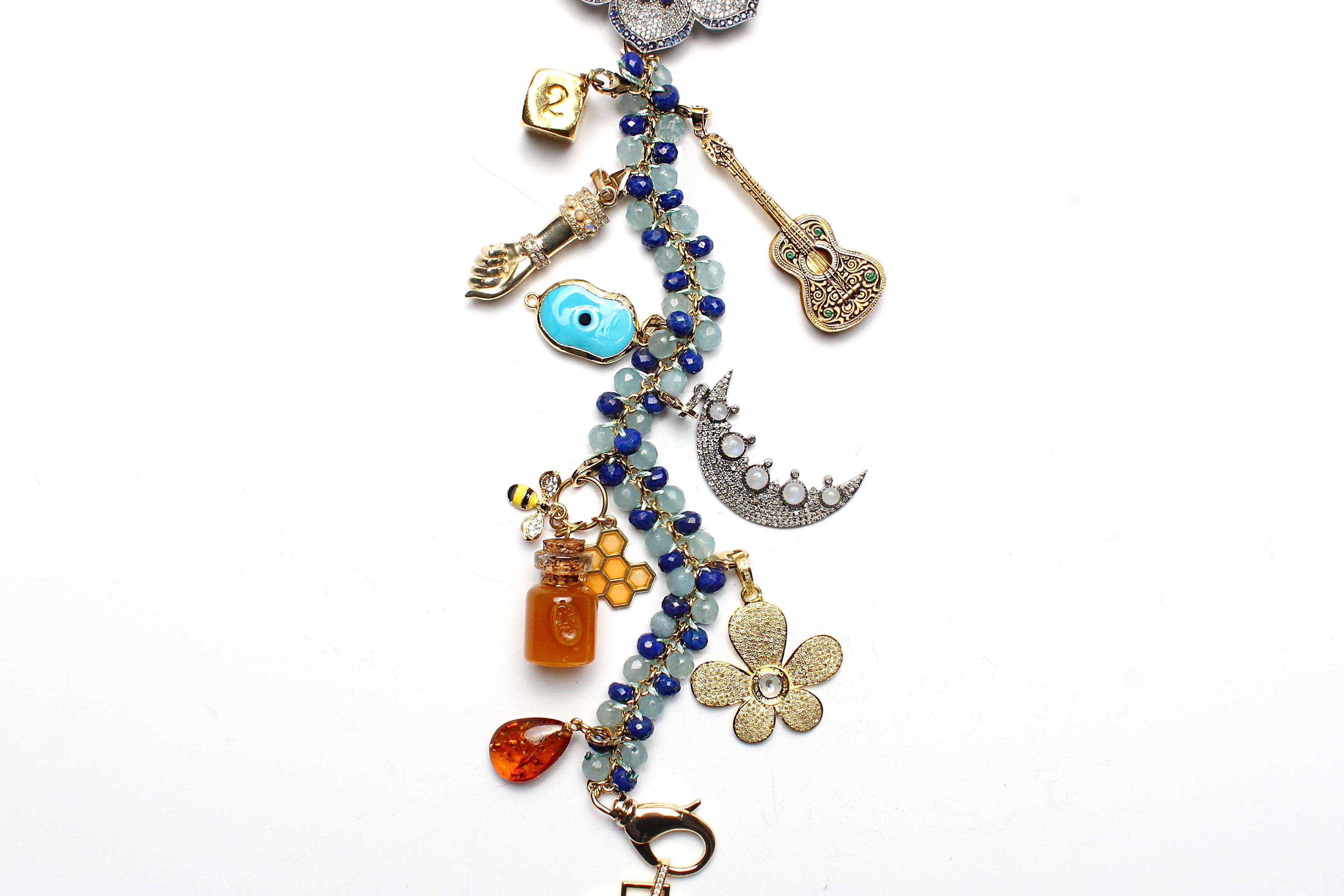 Contemporary Clarissa Bronfman Epicure 14k Gold Diamond Lapis Aquamarine Symbol Tree Necklace For Sale