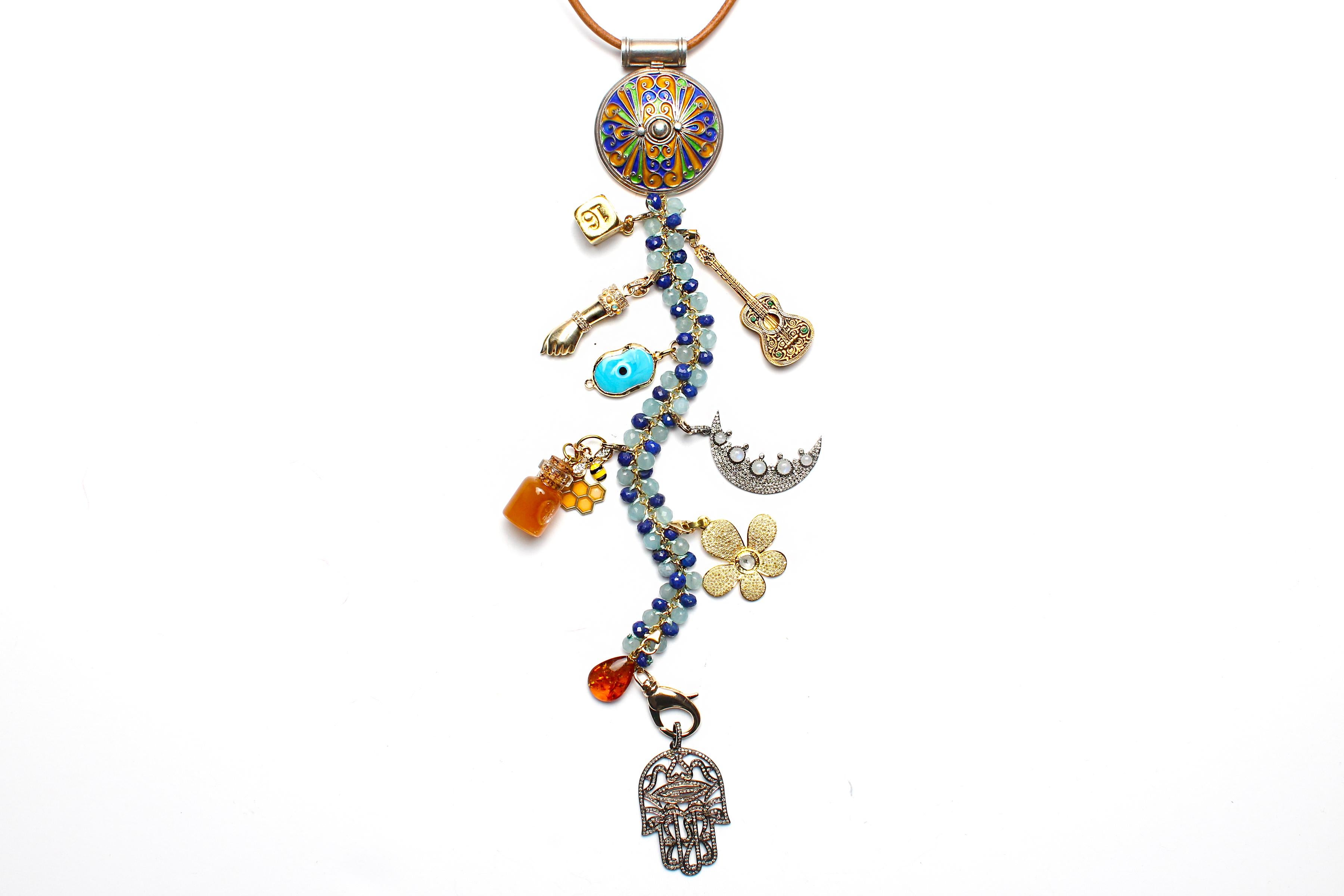 Mixed Cut Clarissa Bronfman Epicure 14k Gold Diamond Lapis Aquamarine Symbol Tree Necklace For Sale