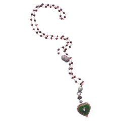 Clarissa Bronfman Garnet 14 Karat Gold Diamond Ruby Emerald Heart Pendant Rosary