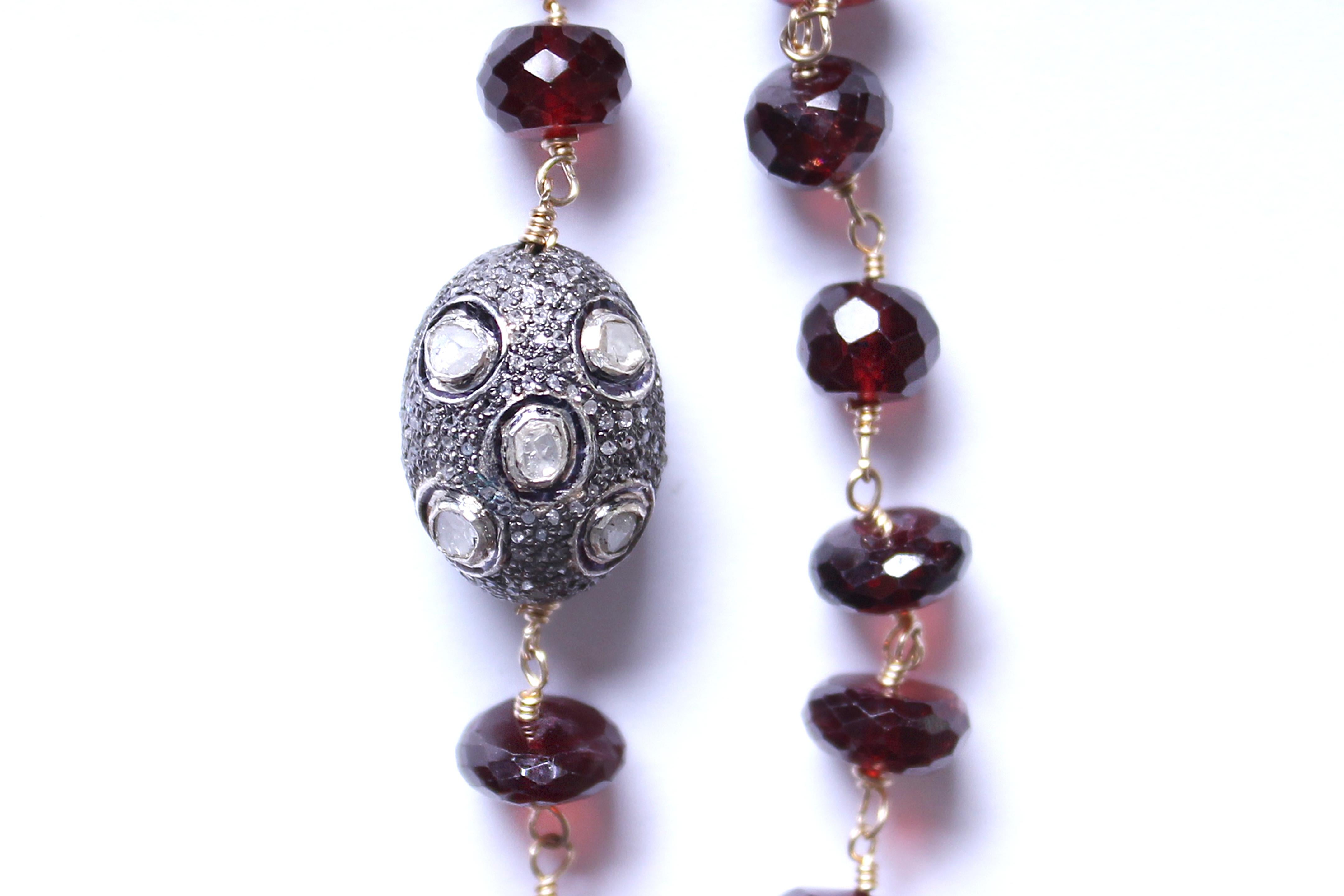 Contemporary Clarissa Bronfman Garnet 14k Gold Ebony Diamond Evil Eye Pendant Rosary Necklace