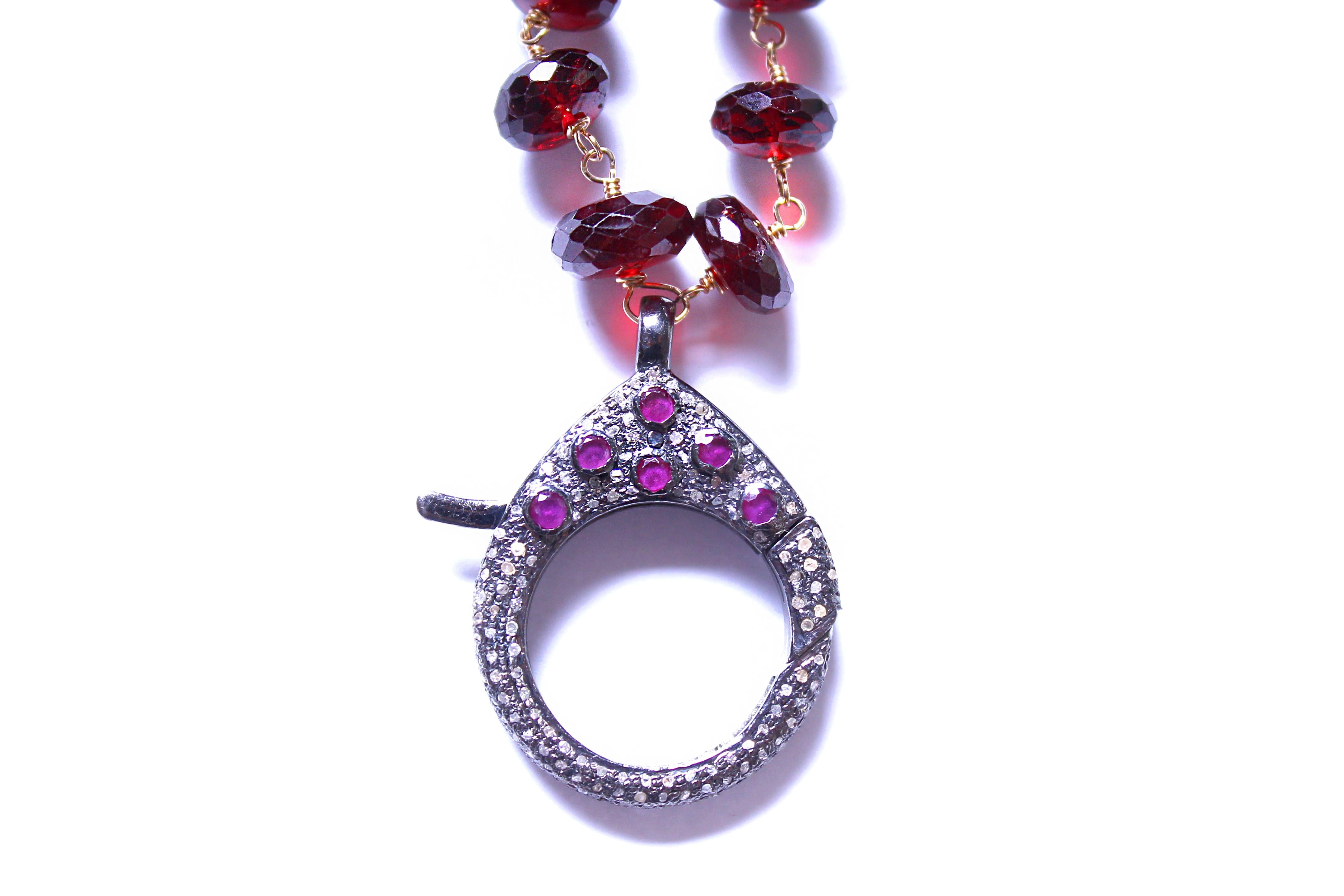 Clarissa Bronfman Garnet 14k Gold Ebony Diamond Evil Eye Pendant Rosary Necklace In New Condition In New York, NY
