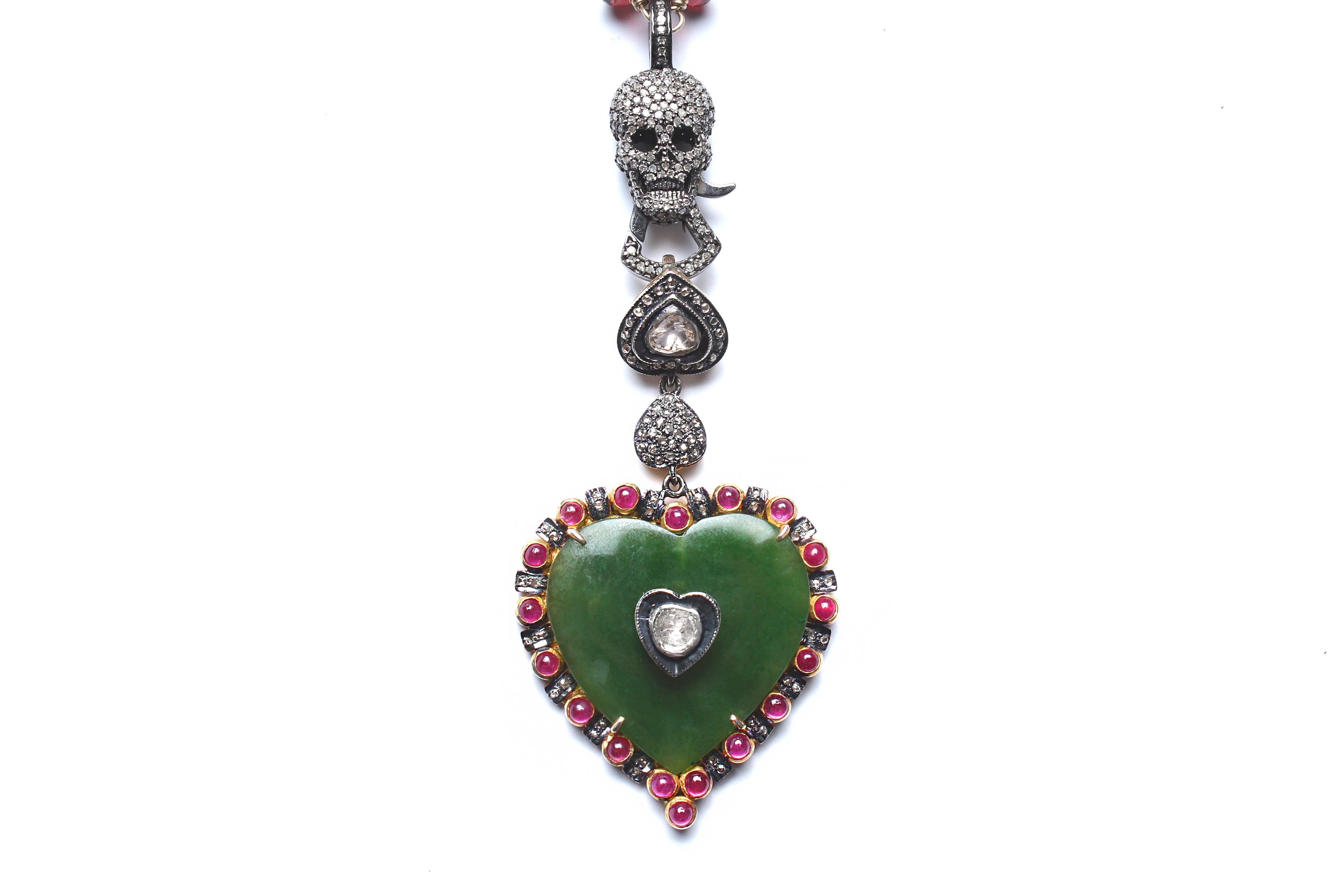 Contemporary Clarissa Bronfman Garnet 14 Karat Gold Diamond Ruby Emerald Heart Pendant Rosary