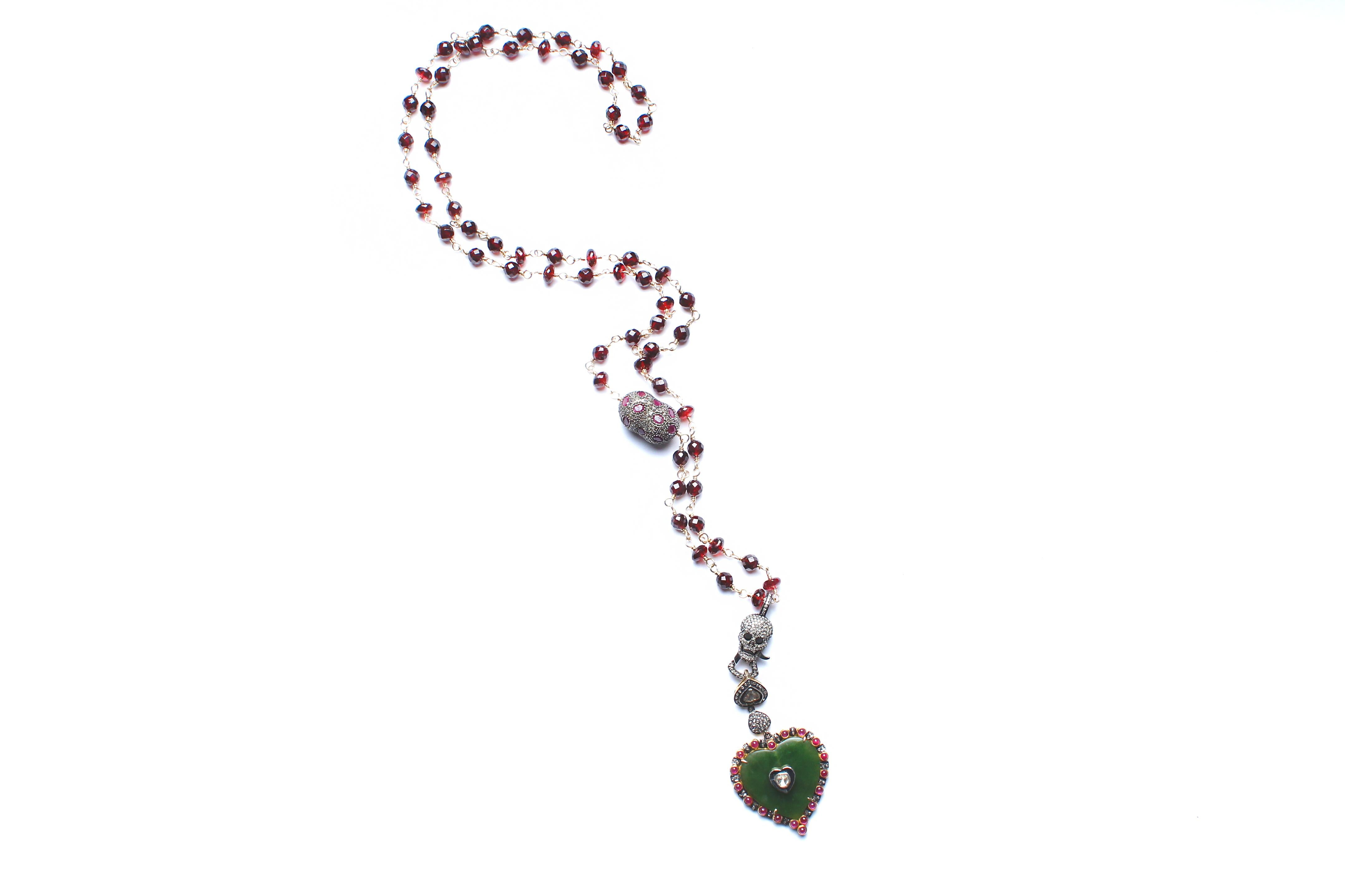 Rose Cut Clarissa Bronfman Garnet 14 Karat Gold Diamond Ruby Emerald Heart Pendant Rosary