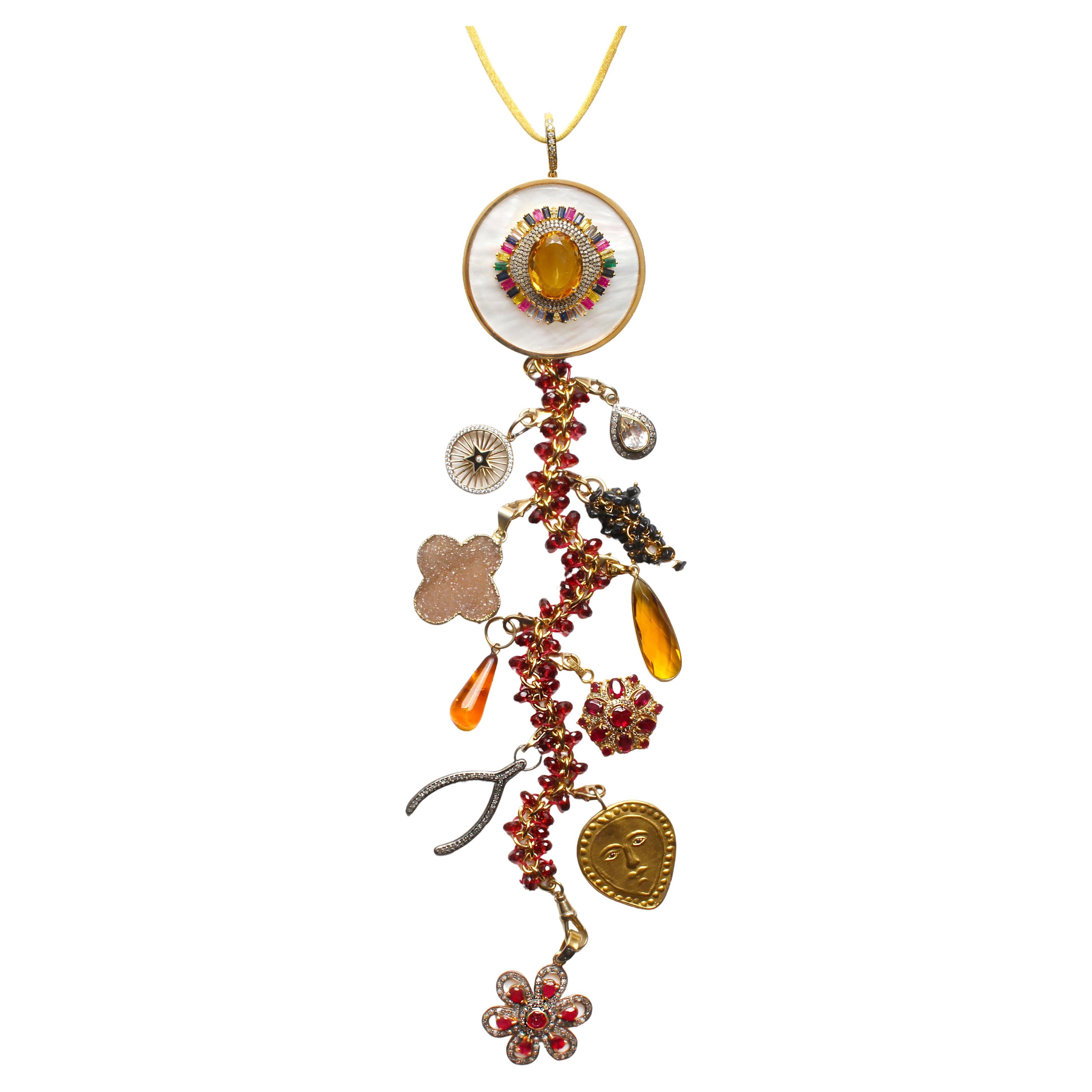 CLARISSA BRONFMAN Garnet Diamond Citrine Gold"Red Scarlett" Symbol Tree Necklace For Sale