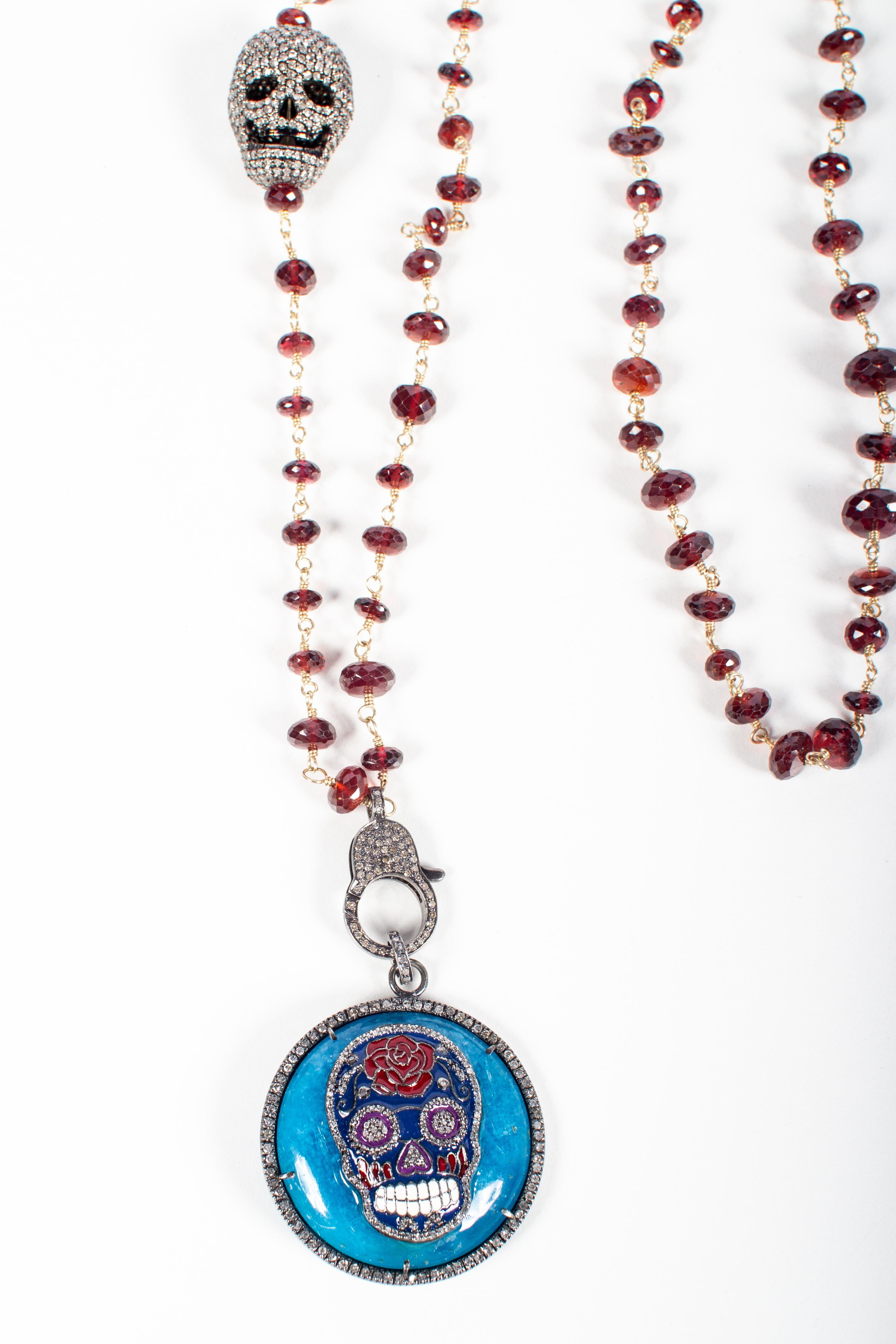 Wired Garnet beaded necklace with diamond and silver skull tumbler bead 37
