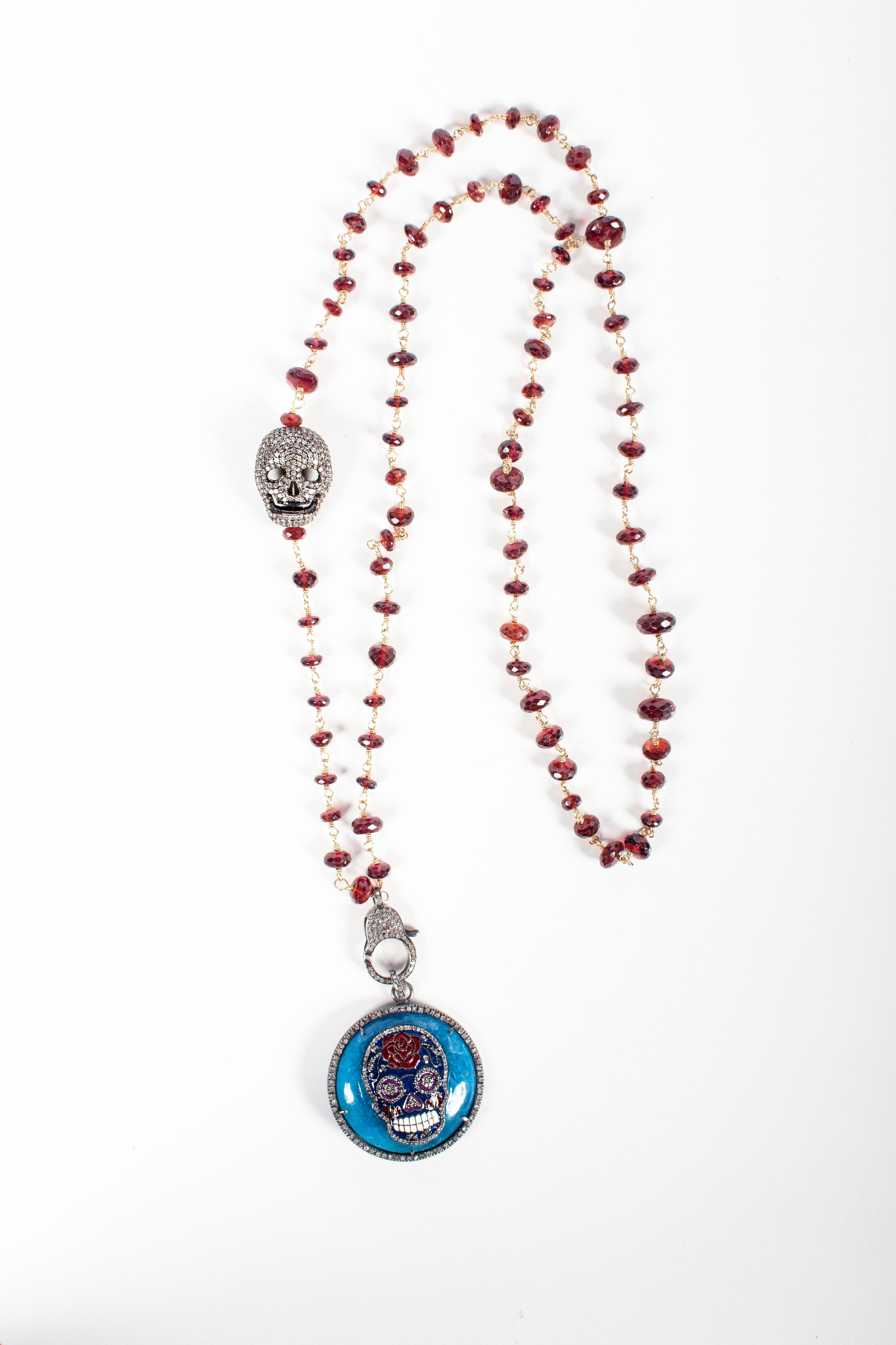 Contemporary Clarissa Bronfman Garnet, Diamond, Enamel, Silver Skull Beaded Necklace