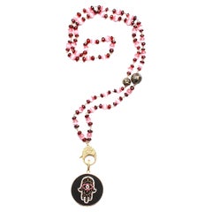Clarissa Bronfman Garnet Diamond Rosary & Ebony 14k Gold Diamond Hamsa Pendant