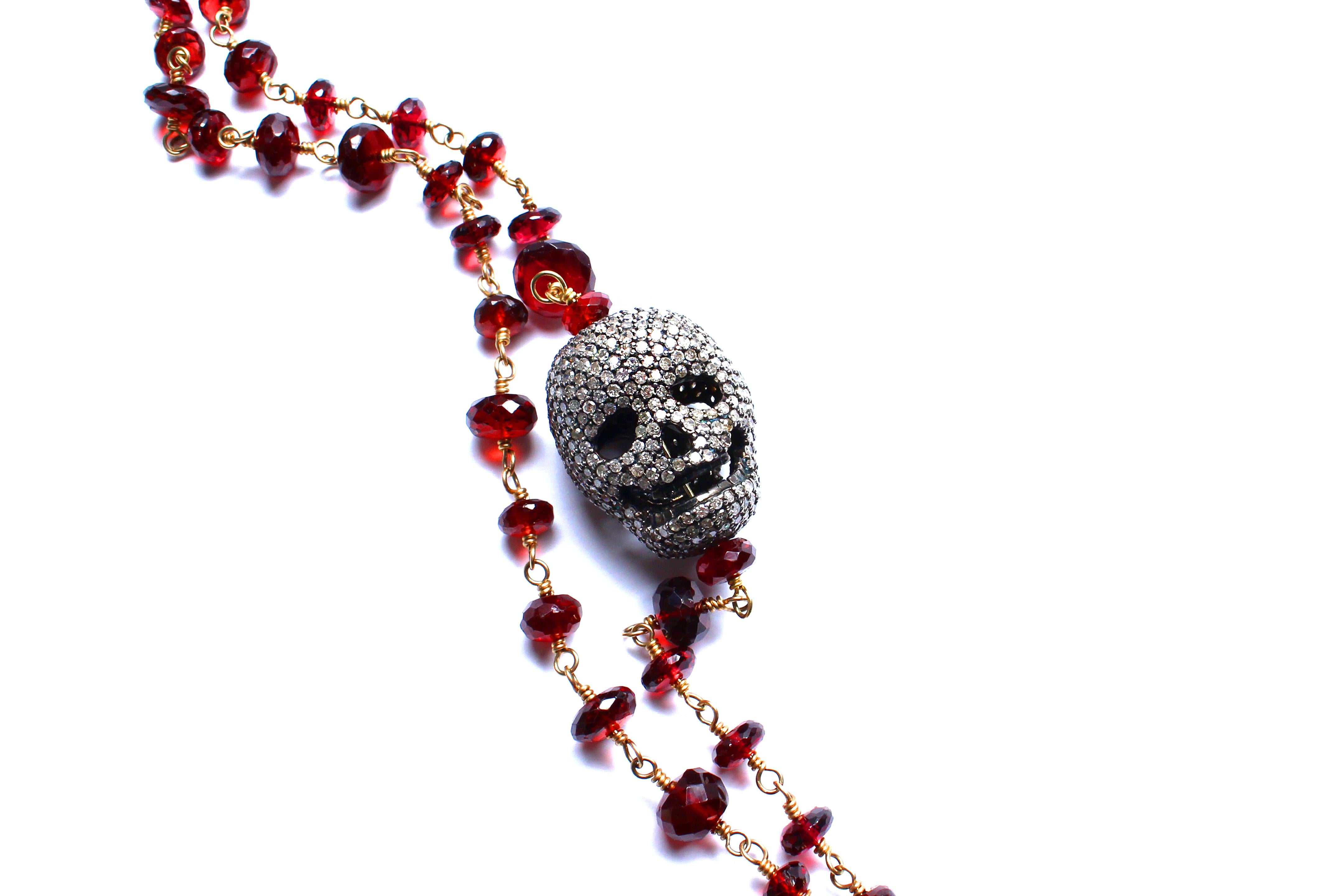 Contemporary Clarissa Bronfman Garnet, Diamond Skull, Ruby, Mother of Pearl Cross Rosary
