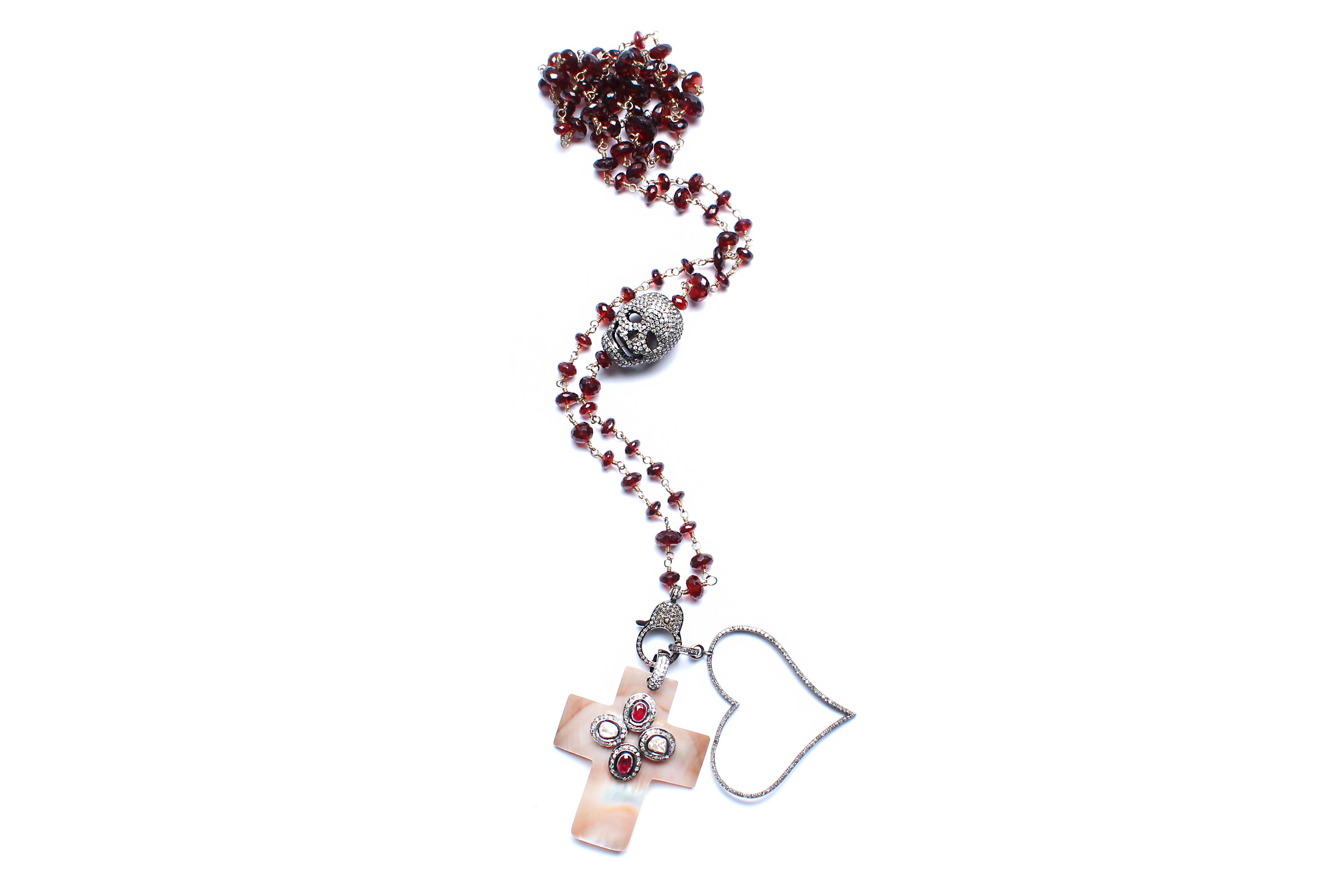 Clarissa Bronfman Garnet, Diamond Skull, Ruby, Mother of Pearl Cross Rosary In New Condition In New York, NY