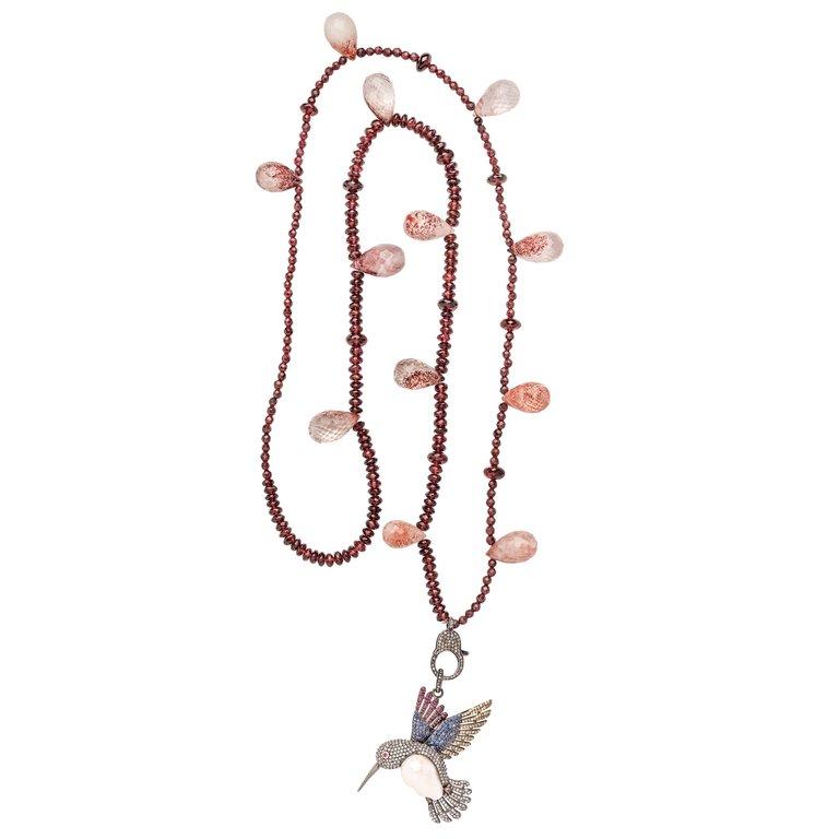Contemporary Clarissa Bronfman Garnet Necklace with Hummingbird Pendant 