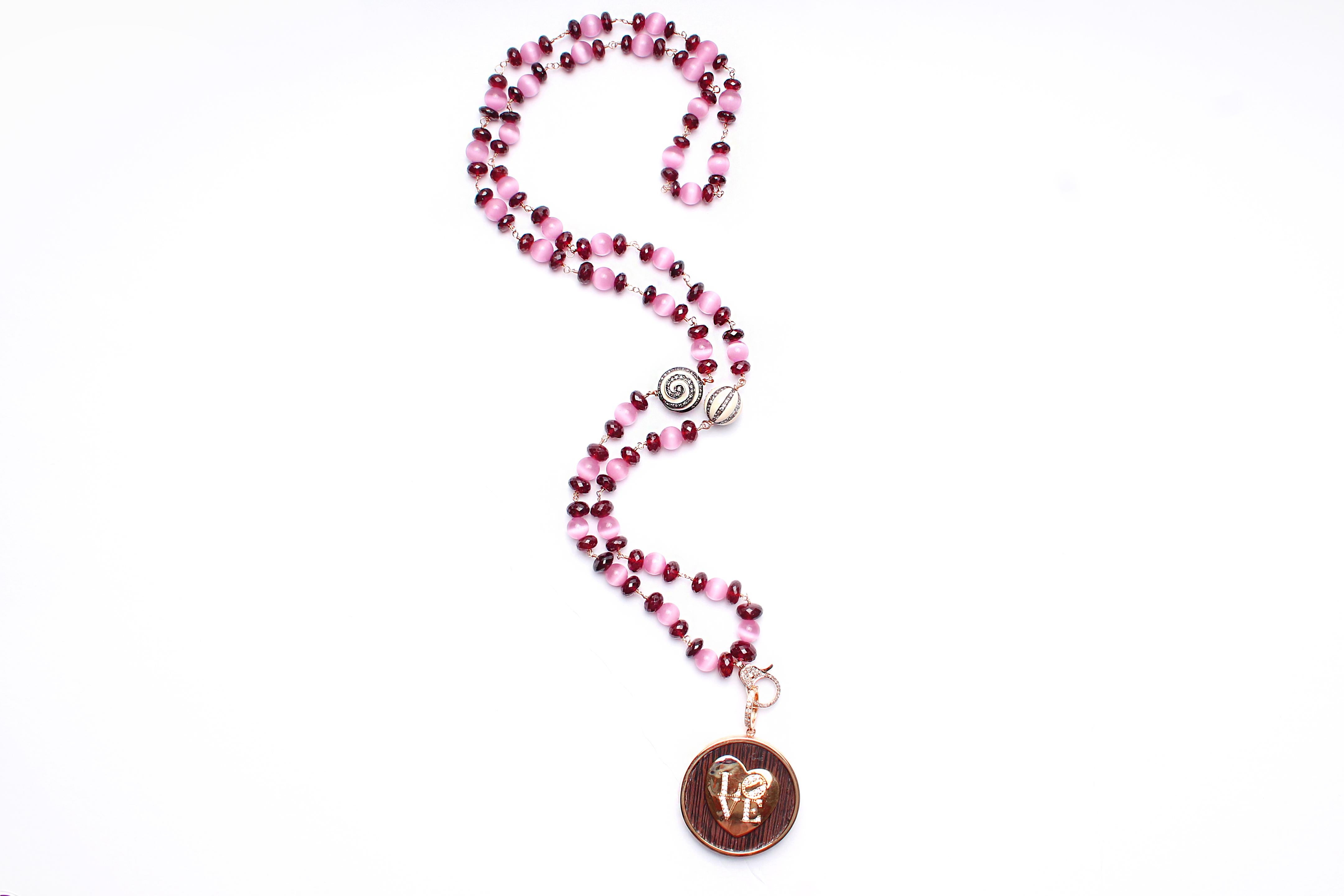 Women's or Men's CLARISSA BRONFMAN Garnet Quartz Diamond Gold Love Heart Ebony Pendant & Rosary For Sale