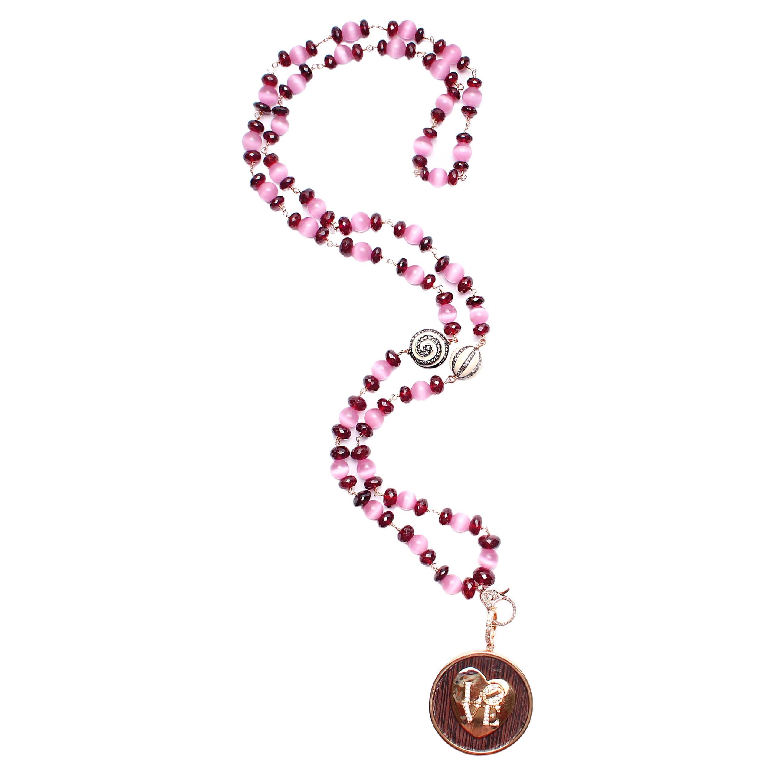 CLARISSA BRONFMAN Garnet Quartz Diamond Gold Love Heart Ebony Pendant & Rosary For Sale