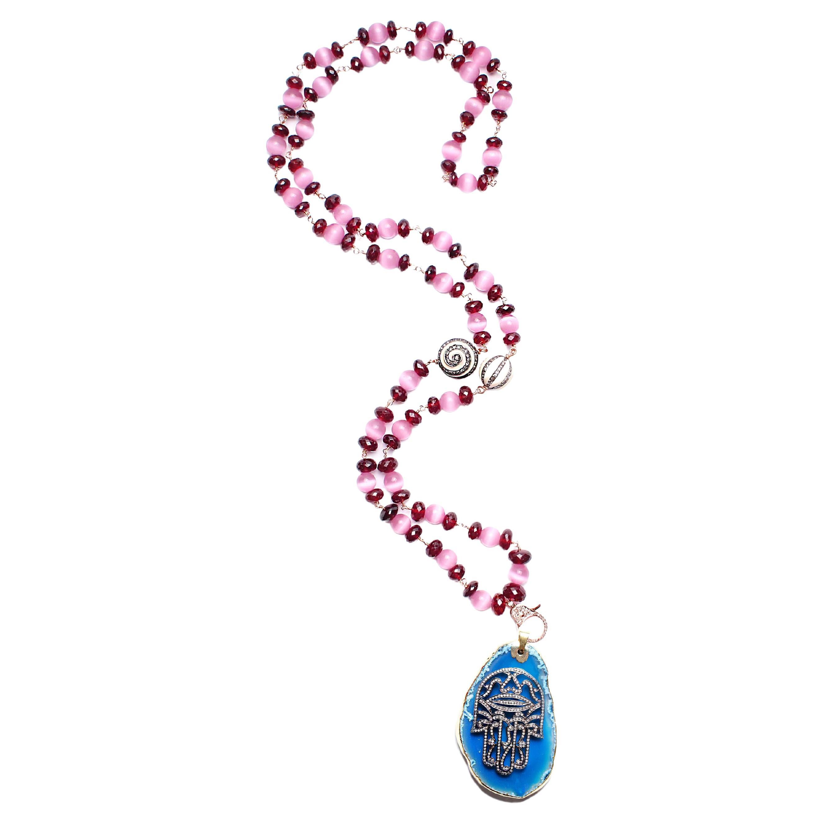 Clarissa Bronfman Garnet Quartz Gold Diamond Rosary & Blue Agate Hamsa Pendant For Sale