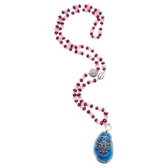Used Clarissa Bronfman Garnet Quartz Gold Diamond Rosary & Blue Agate Hamsa Pendant