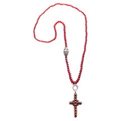CLARISSA BRONFMAN Garnet Rose Cut Diamond Beaded Cross Pendant Necklace