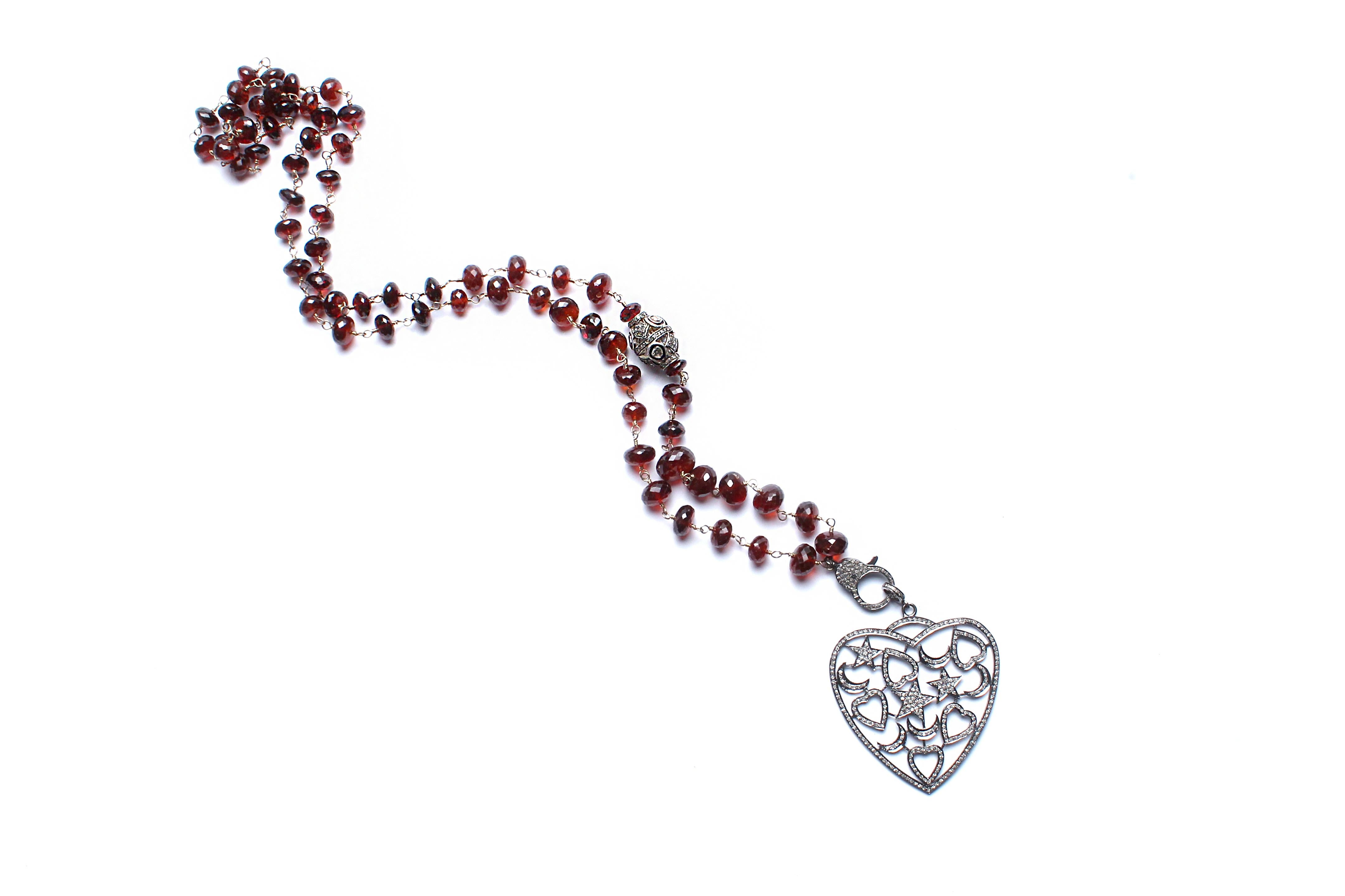 Clarissa Bronfman Garnet, Rose Cut Diamond Heart Pendant Beaded Rosary Necklace In New Condition In New York, NY