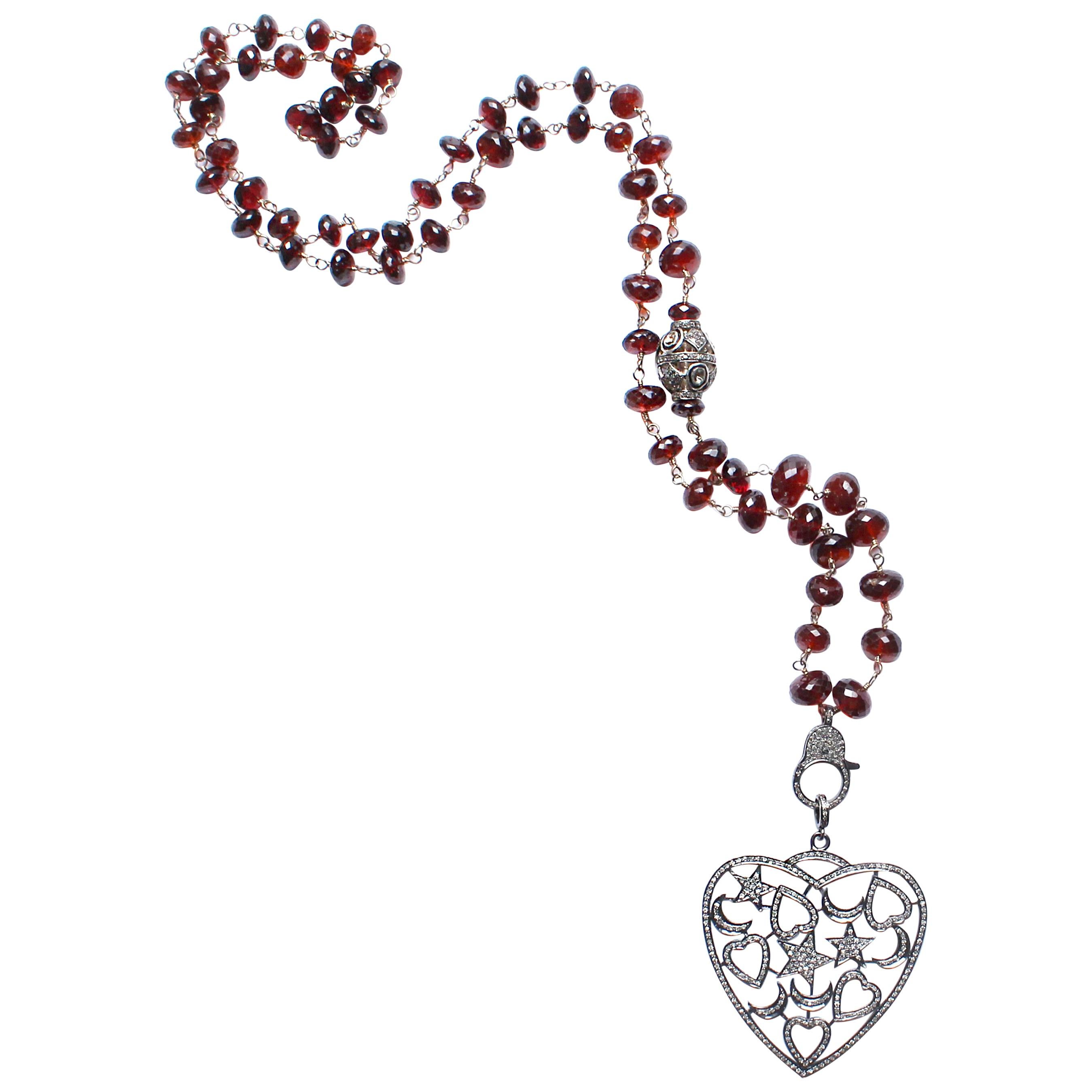 Clarissa Bronfman Garnet, Rose Cut Diamond Heart Pendant Beaded Rosary Necklace