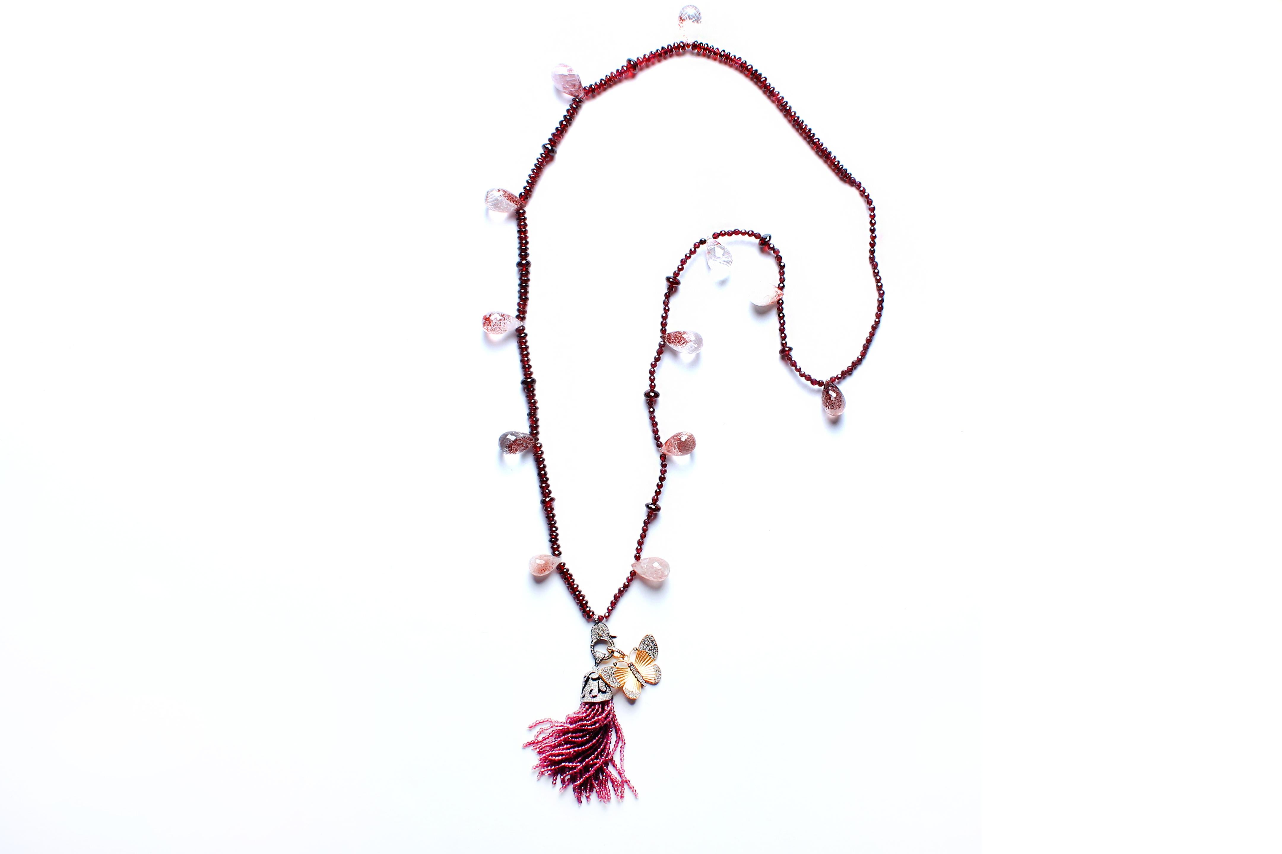 Contemporary Clarissa Bronfman Garnet Rubelite Diamond Ruby 14kgold Butterfly Tassel Necklace