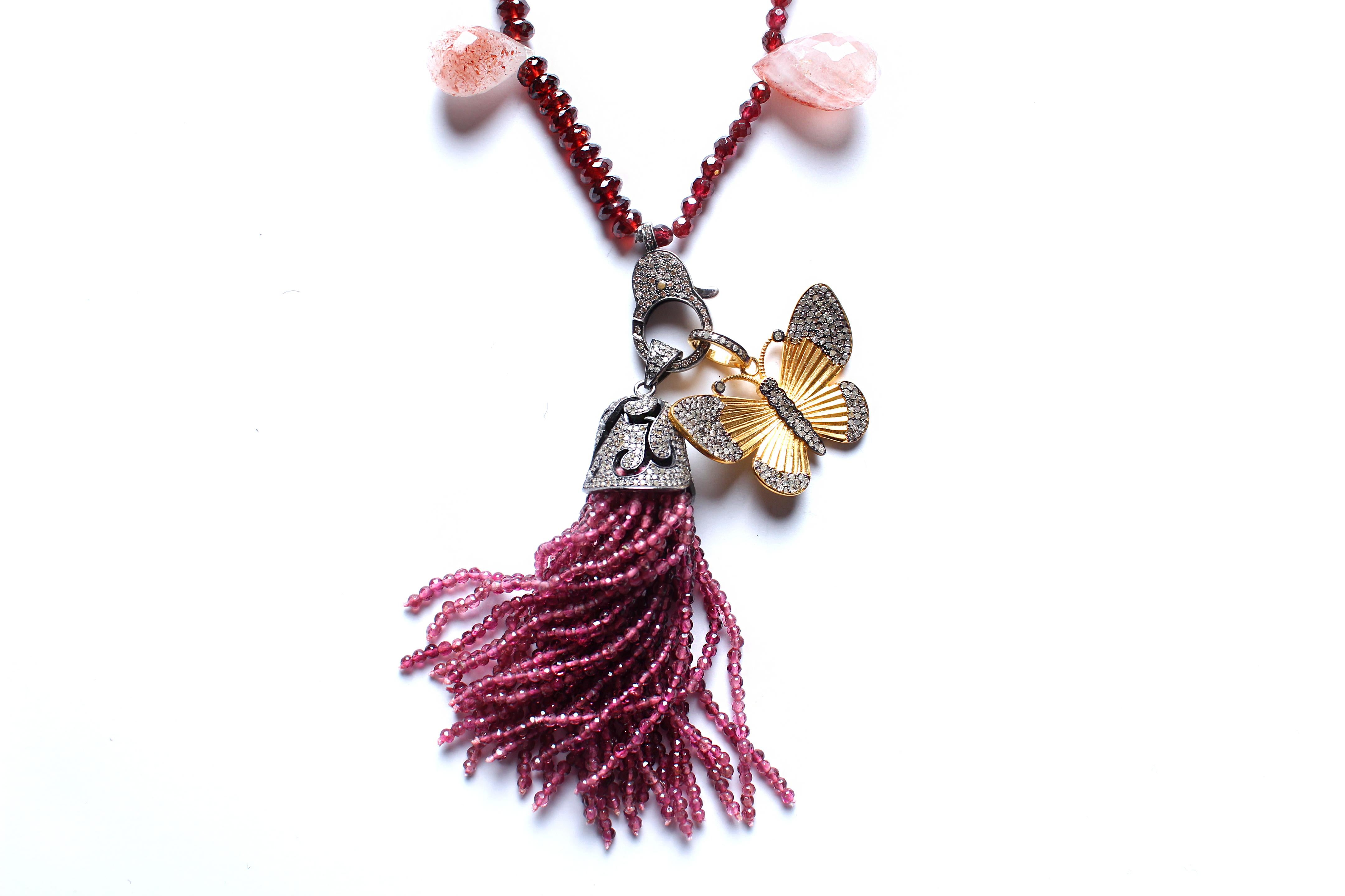 Mixed Cut Clarissa Bronfman Garnet Rubelite Diamond Ruby 14kgold Butterfly Tassel Necklace