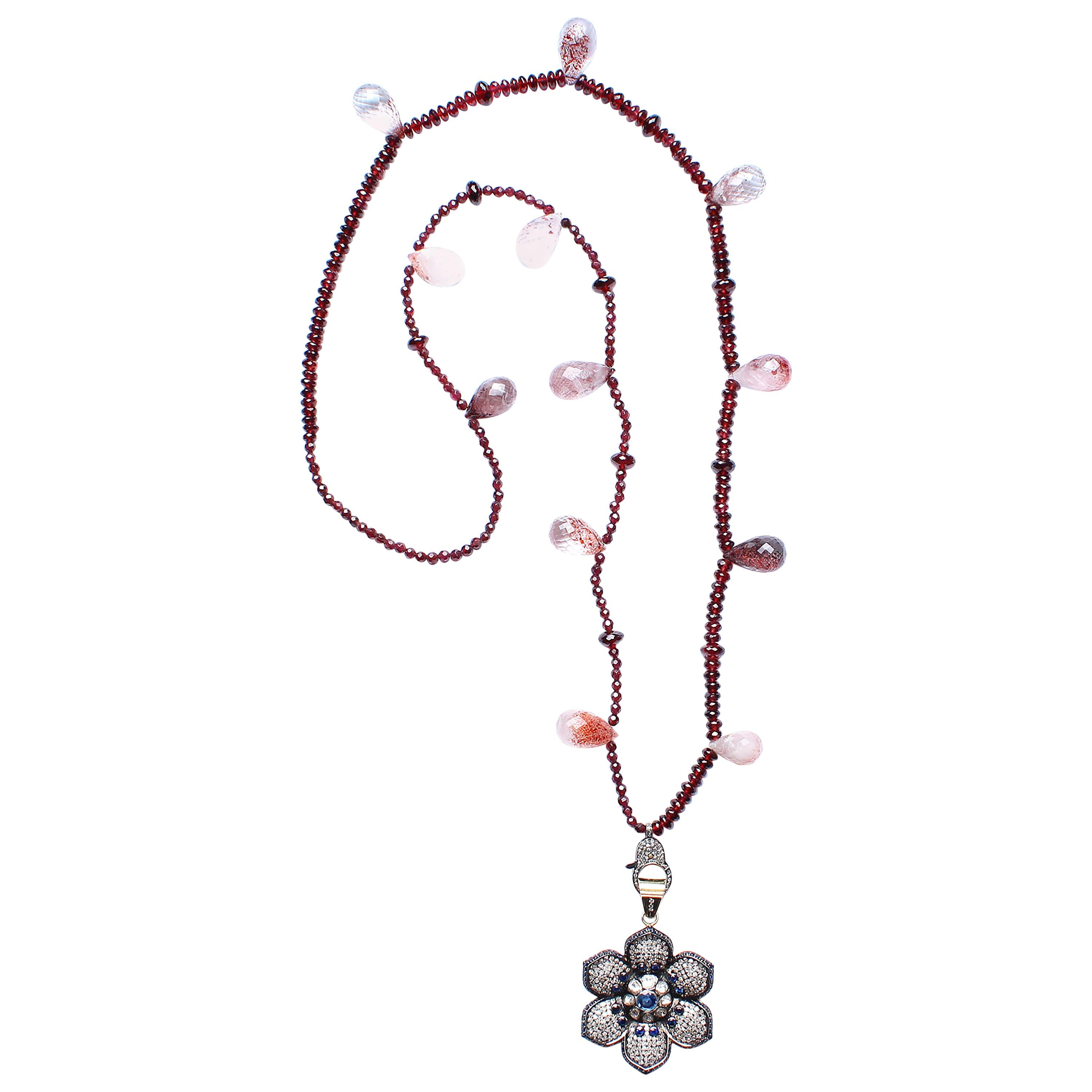 Clarissa Bronfman Garnet, Rubellite Diamond Sapphire Flower Pendant Necklace