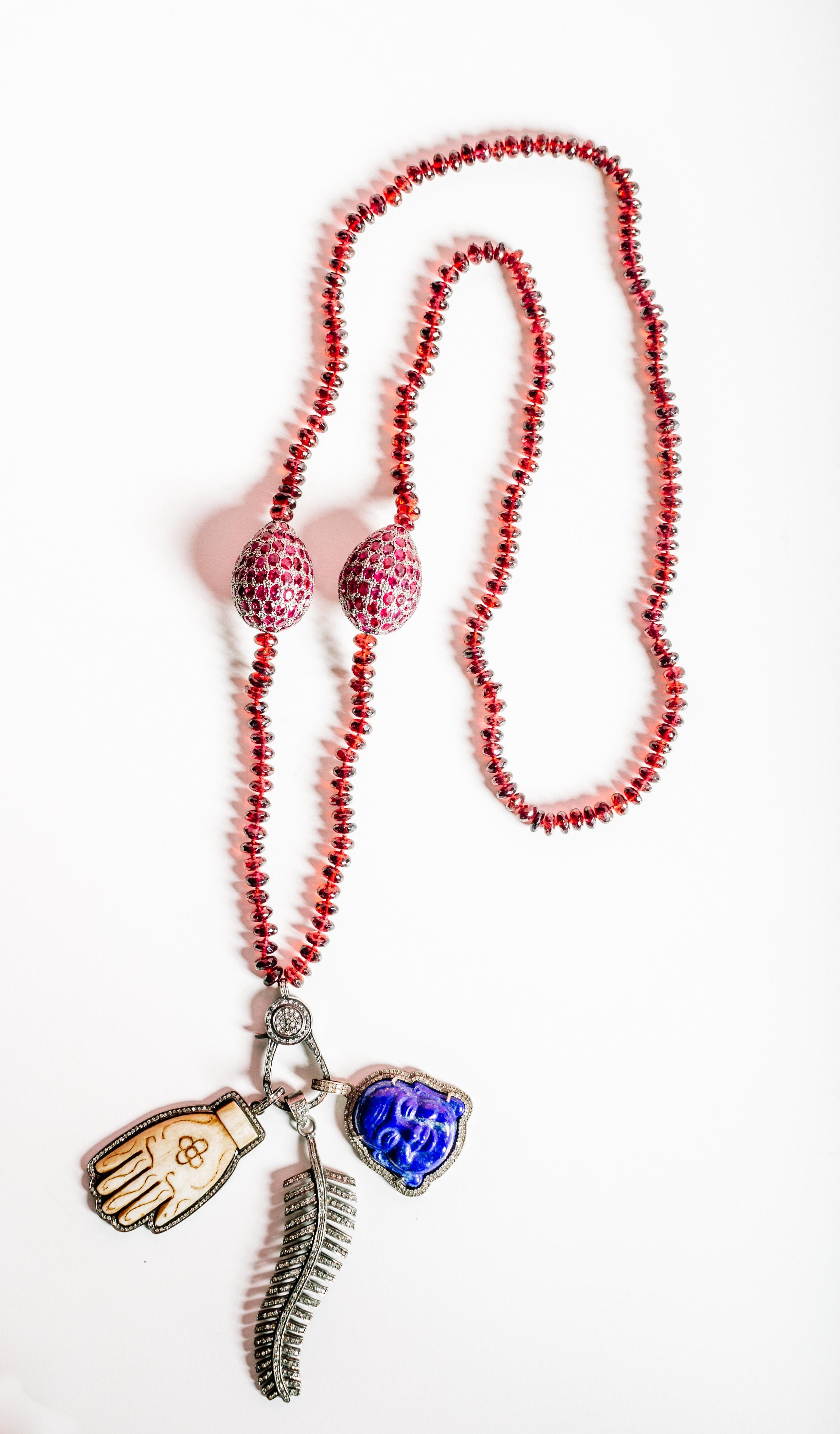 Beaded garnet necklace with ruby and diamond tumbler beads, silver and diamond clasp. Clasp allows for pendants to be removed/interchanged. 37