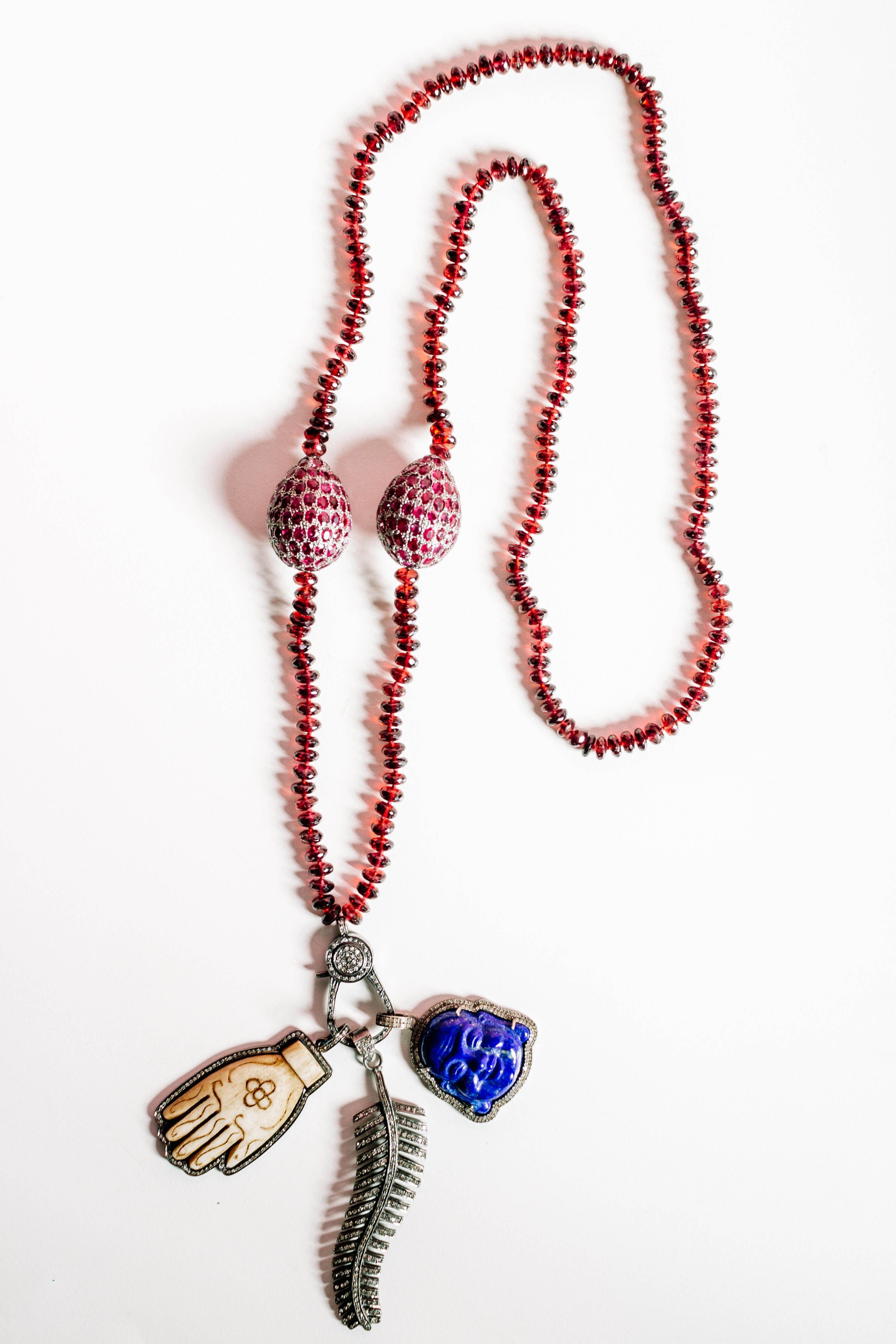 Contemporary Clarissa Bronfman Garnet, Ruby, Lapis, Diamond, Wood Triple Pendant Necklace