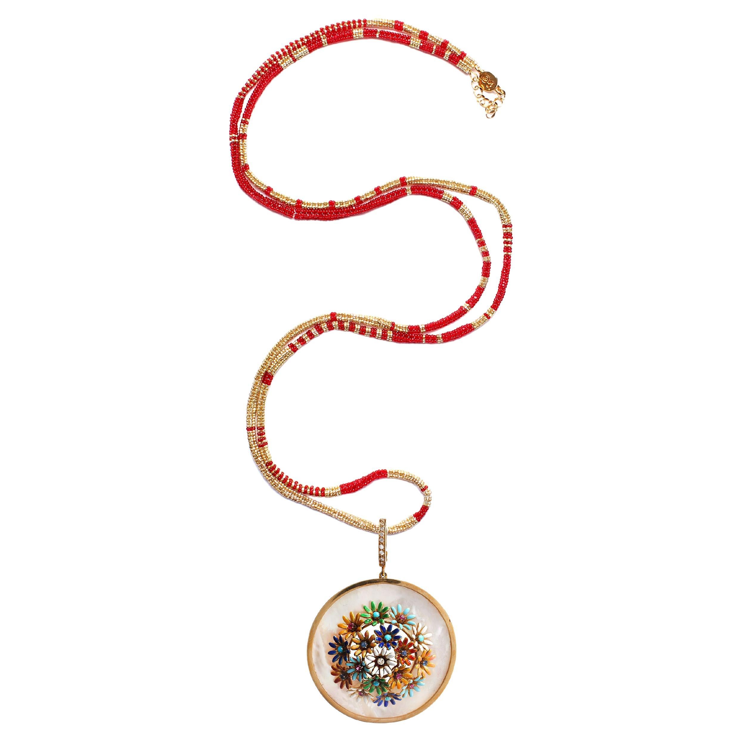 CLARISSA BRONFMAN Gold Diamond Pearl Flower Pendant & Red Gold "Alonso" Necklace For Sale