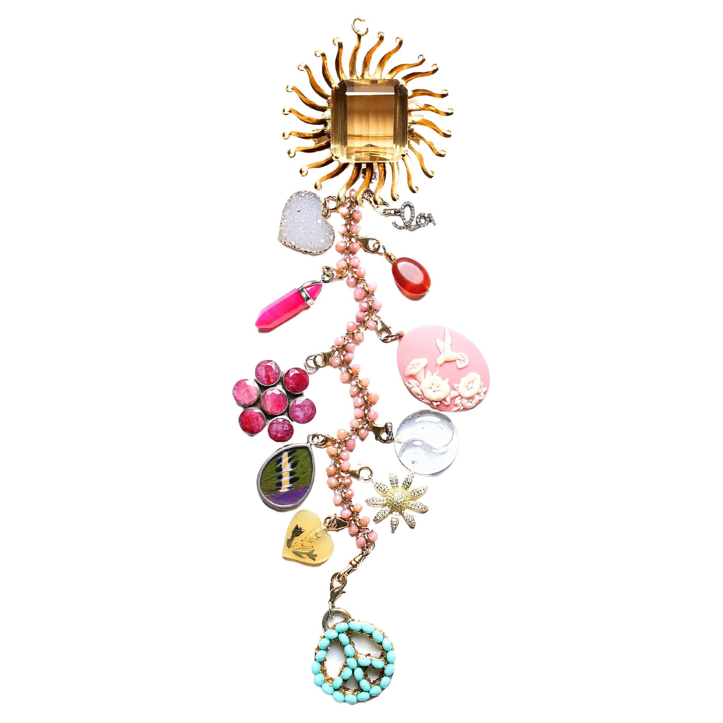 CLARISSA BRONFMAN Gold Diamond Sapphire "Pink Martini III" Symbol Tree Necklace For Sale