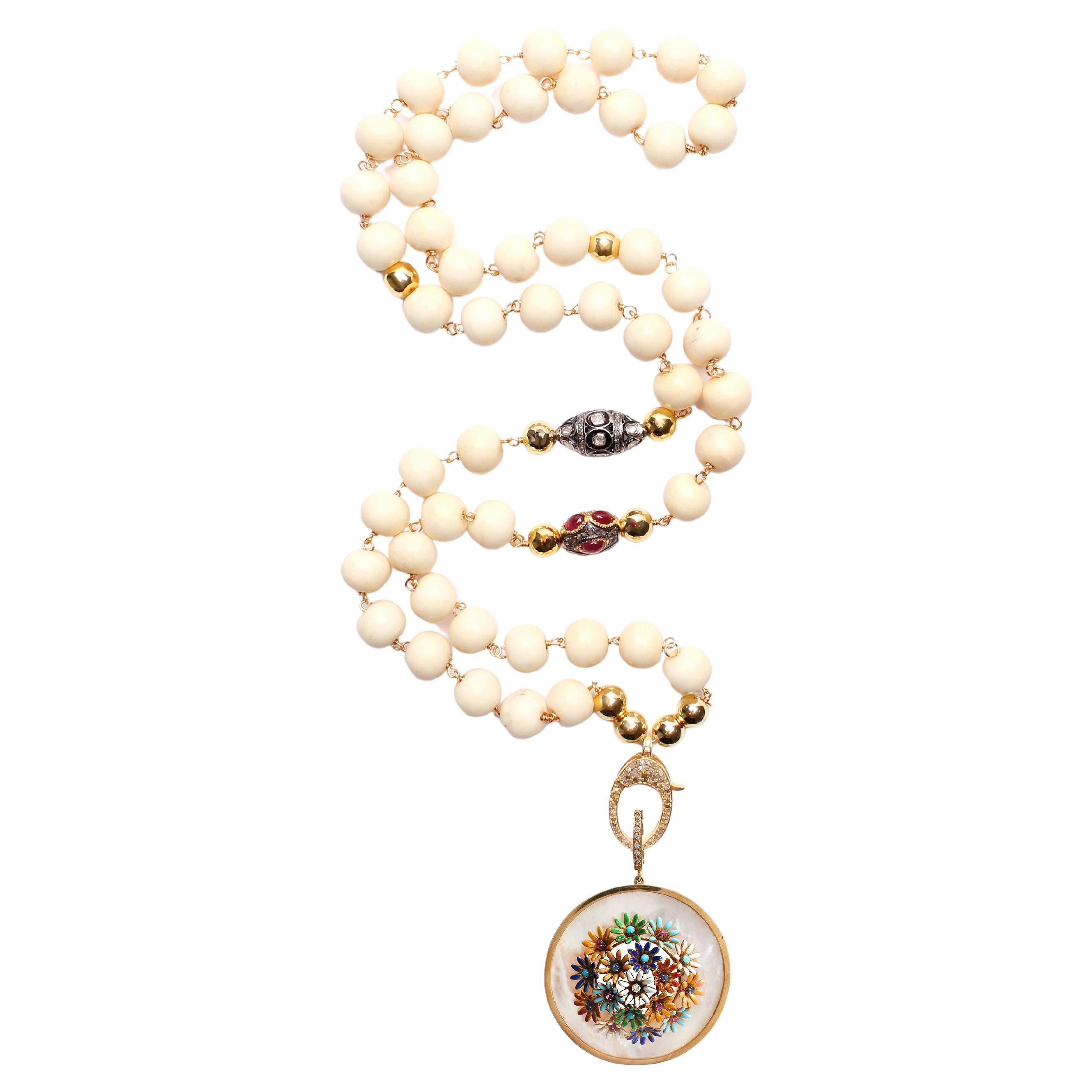CLARISSA BRONFMAN Gold Mother Of Pearl Pendant Polki Diamond Bone Ruby Rosary For Sale