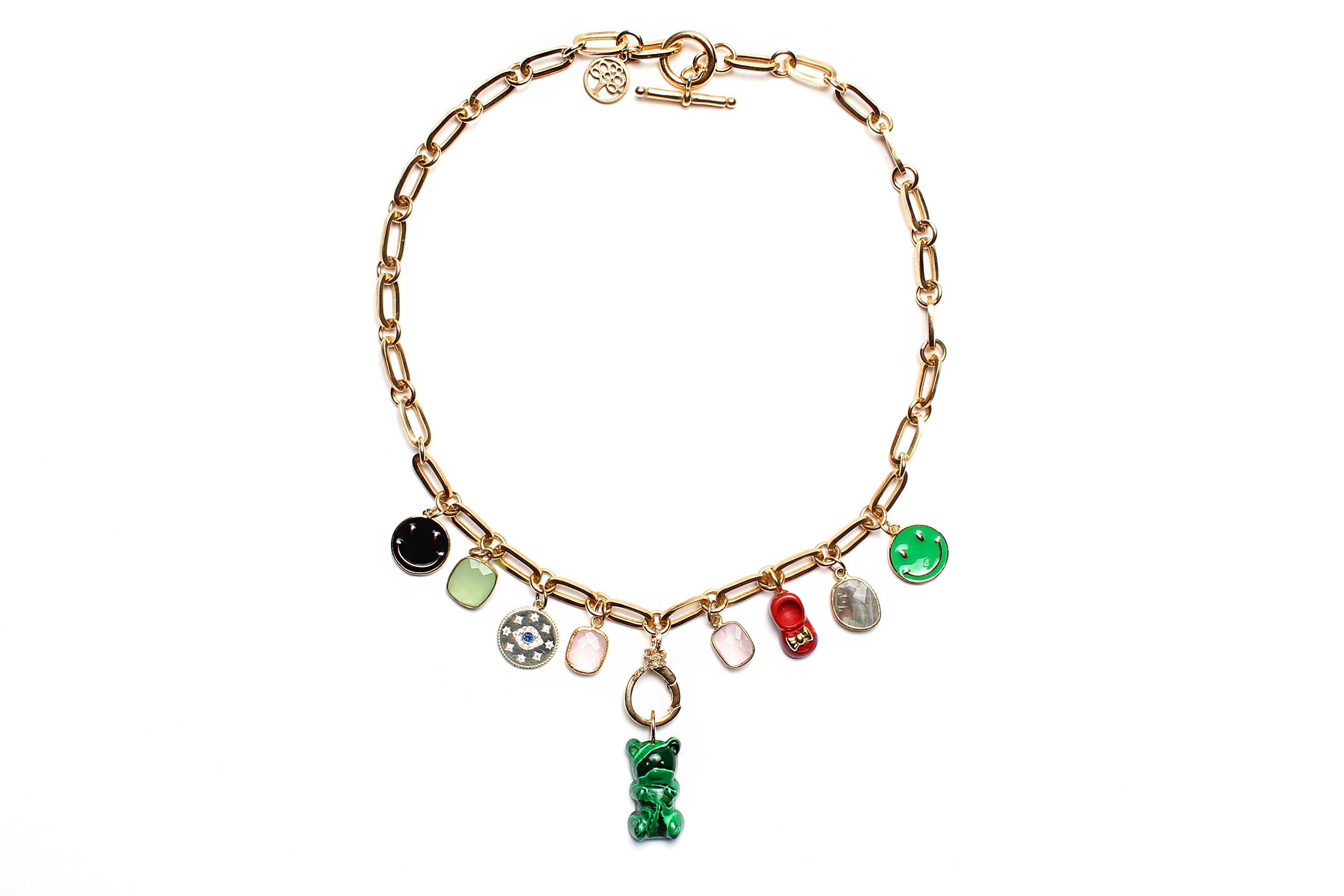 Women's or Men's CLARISSA BRONFMAN Gold PprClip Chain Multi Color& Malachite Bear Charm Necklace For Sale