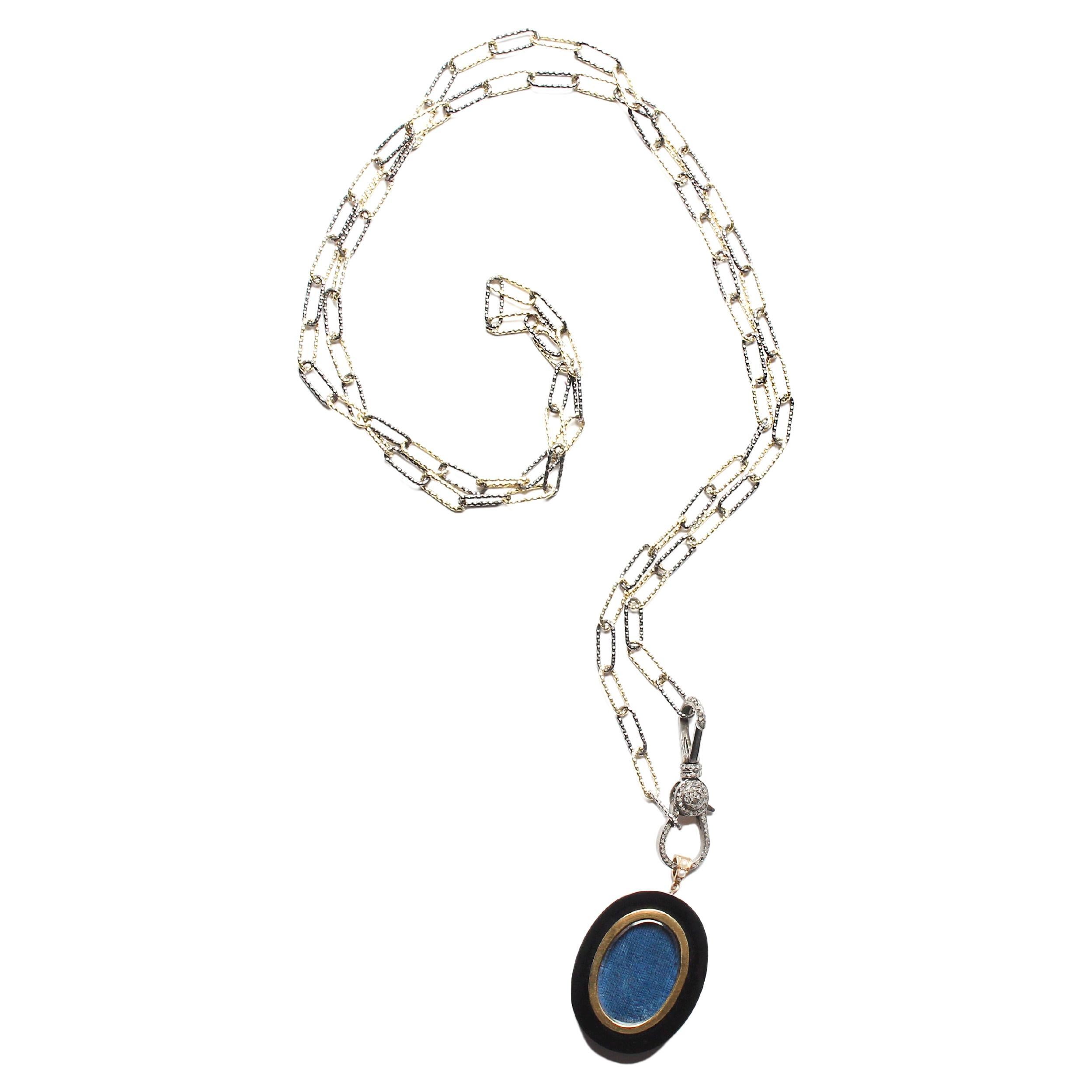 Clarissa Bronfman Gold Silver Diamond Chain & Onyx Pearl Photo Pendant