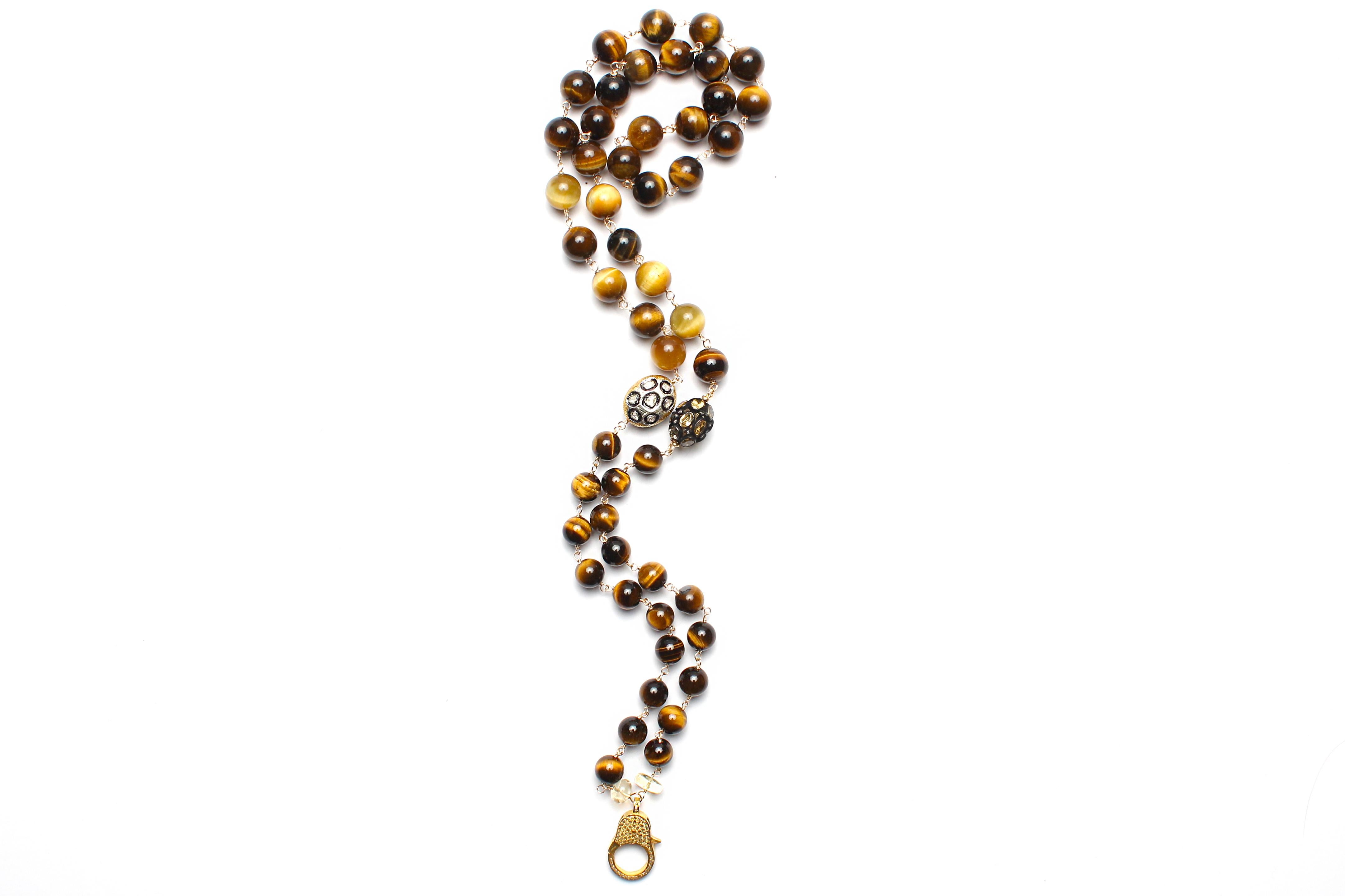 Women's or Men's Clarissa Bronfman Gold Tiger's Eye Diamond Rosary & Ebony Diamond Hand Pendant