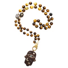Clarissa Bronfman Gold Tiger's Eye Diamond Rosary & Ebony Diamond Hand Pendant