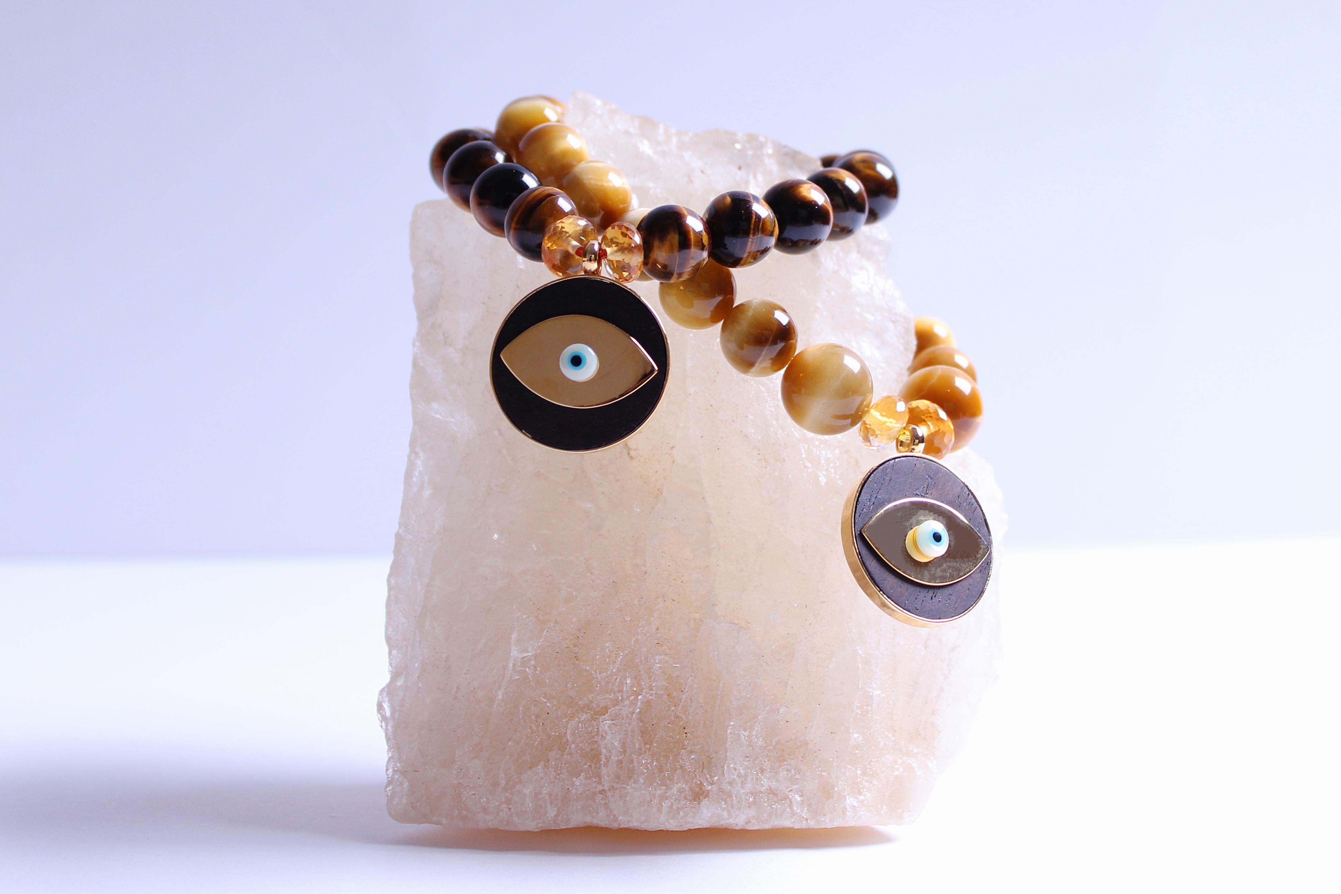 Clarissa Bronfman Gold Tiger's Eye Ebony Evil Eye Beaded Bracelet Set of 4 For Sale 3
