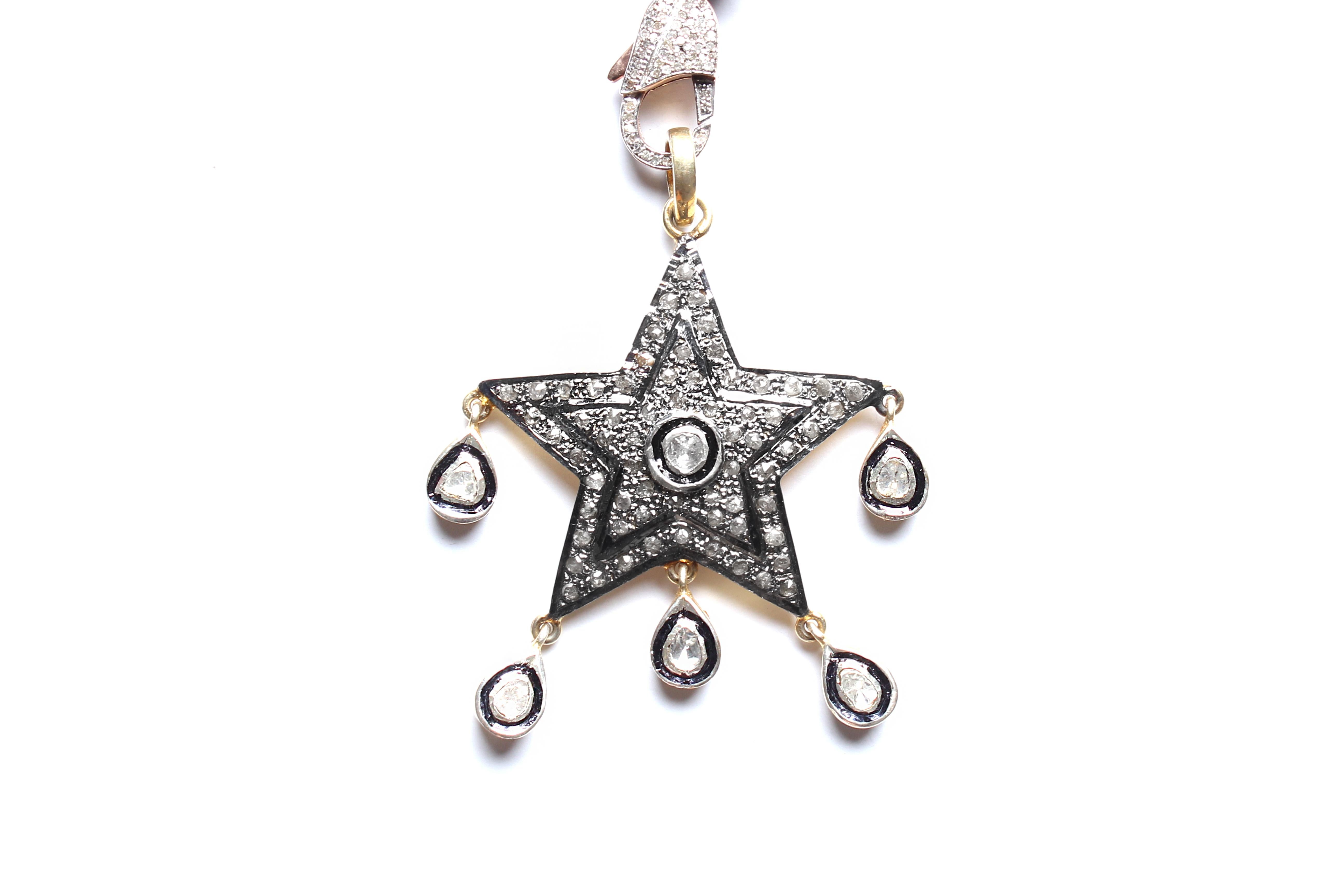 Contemporary Clarissa Bronfman Green Agate Diamond Heart RoseCut Diamond Star Beaded Necklace For Sale