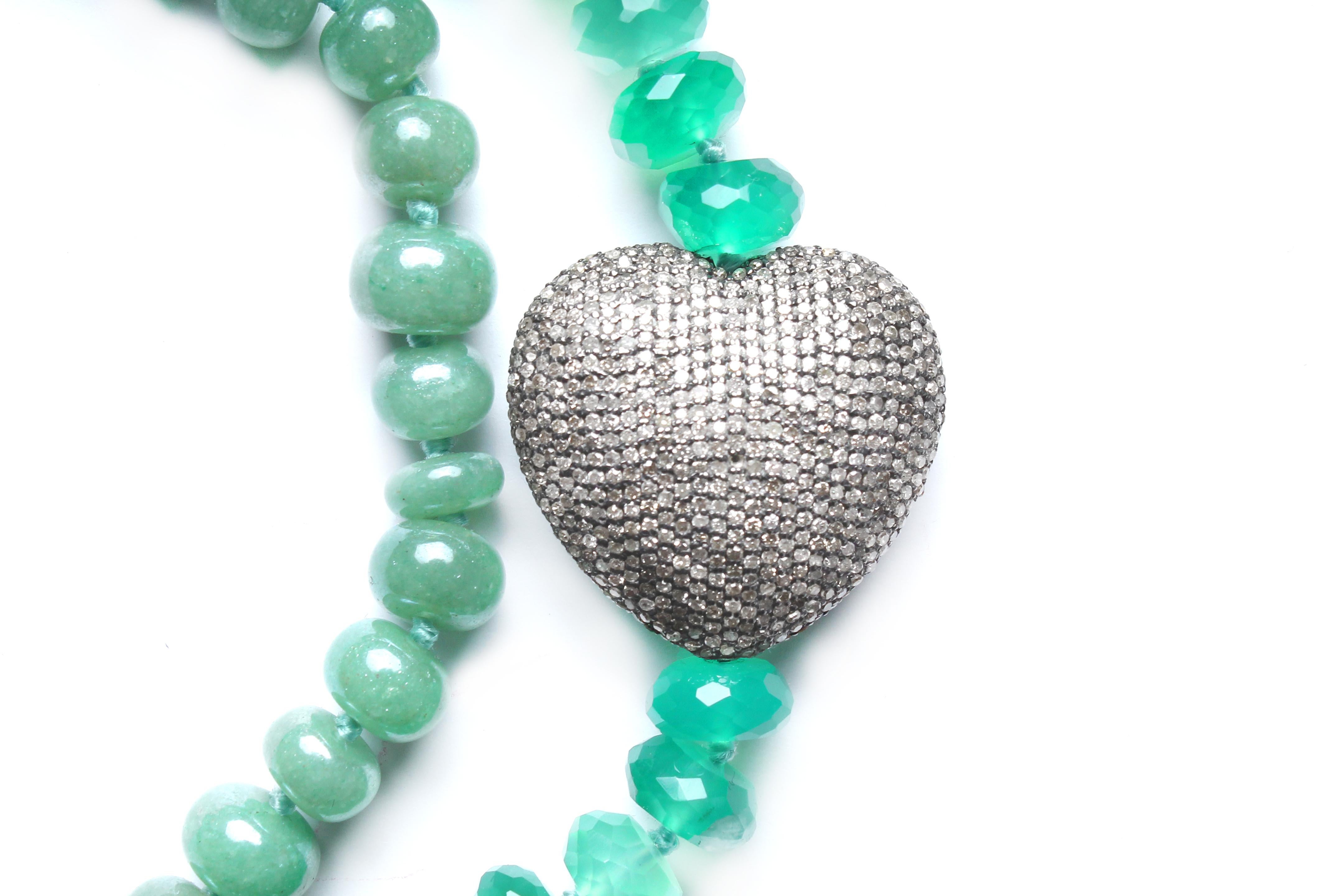 Women's or Men's Clarissa Bronfman Green Agate Diamond Heart RoseCut Diamond Star Beaded Necklace For Sale