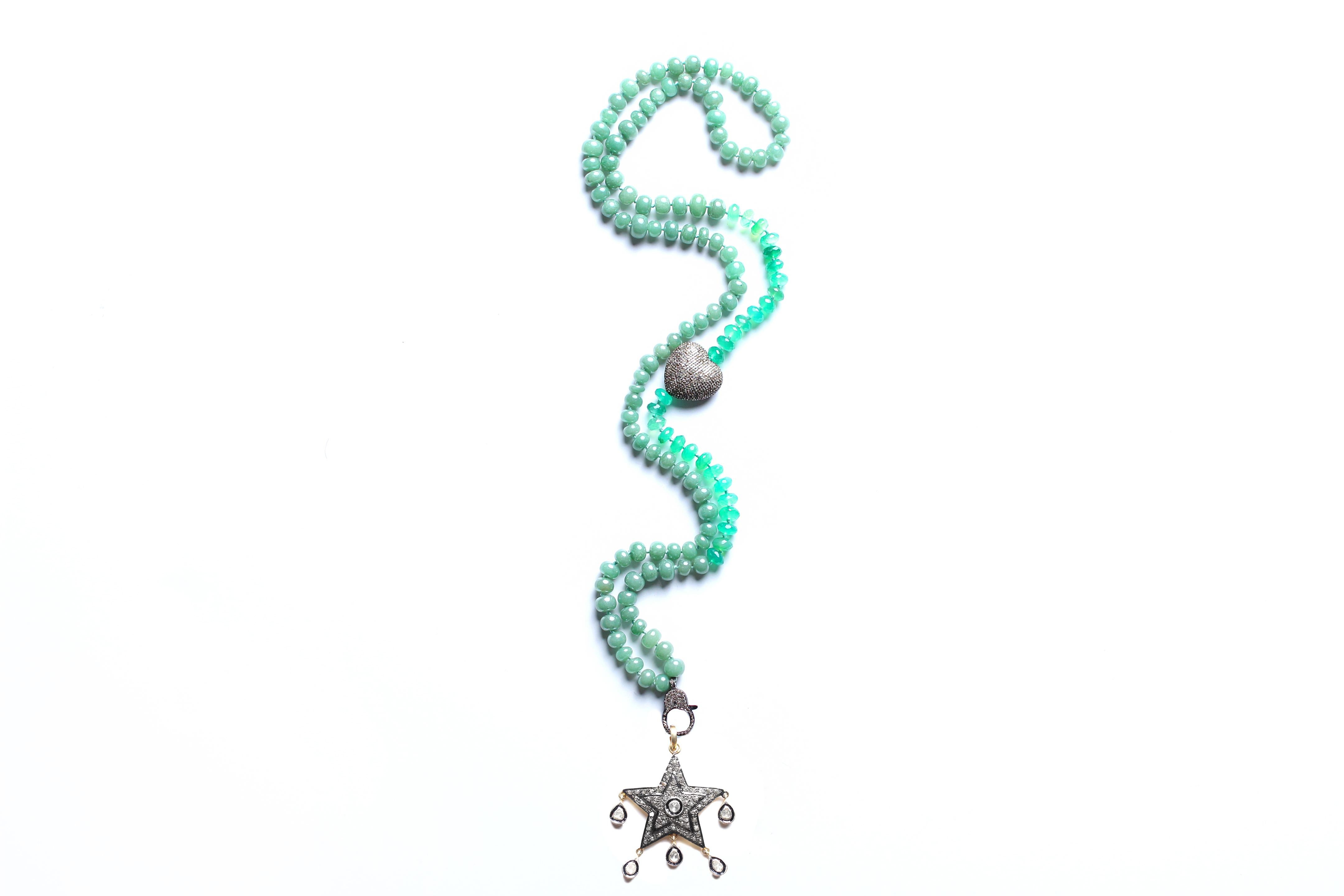 Clarissa Bronfman Green Agate Diamond Heart RoseCut Diamond Star Beaded Necklace For Sale 3