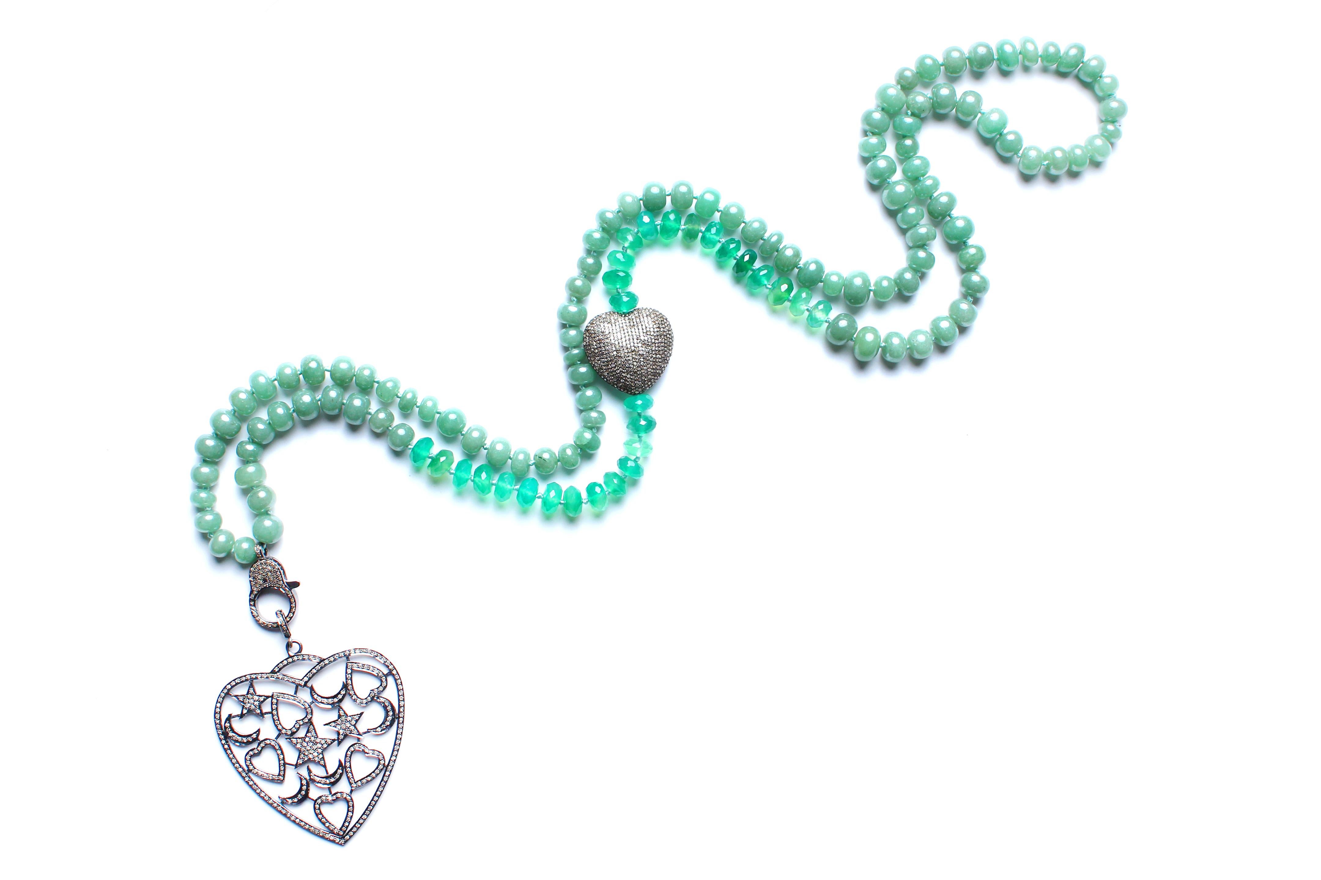 Contemporary Clarissa Bronfman Green Agate, Jade, Diamond Heart Pendant Beaded Necklace