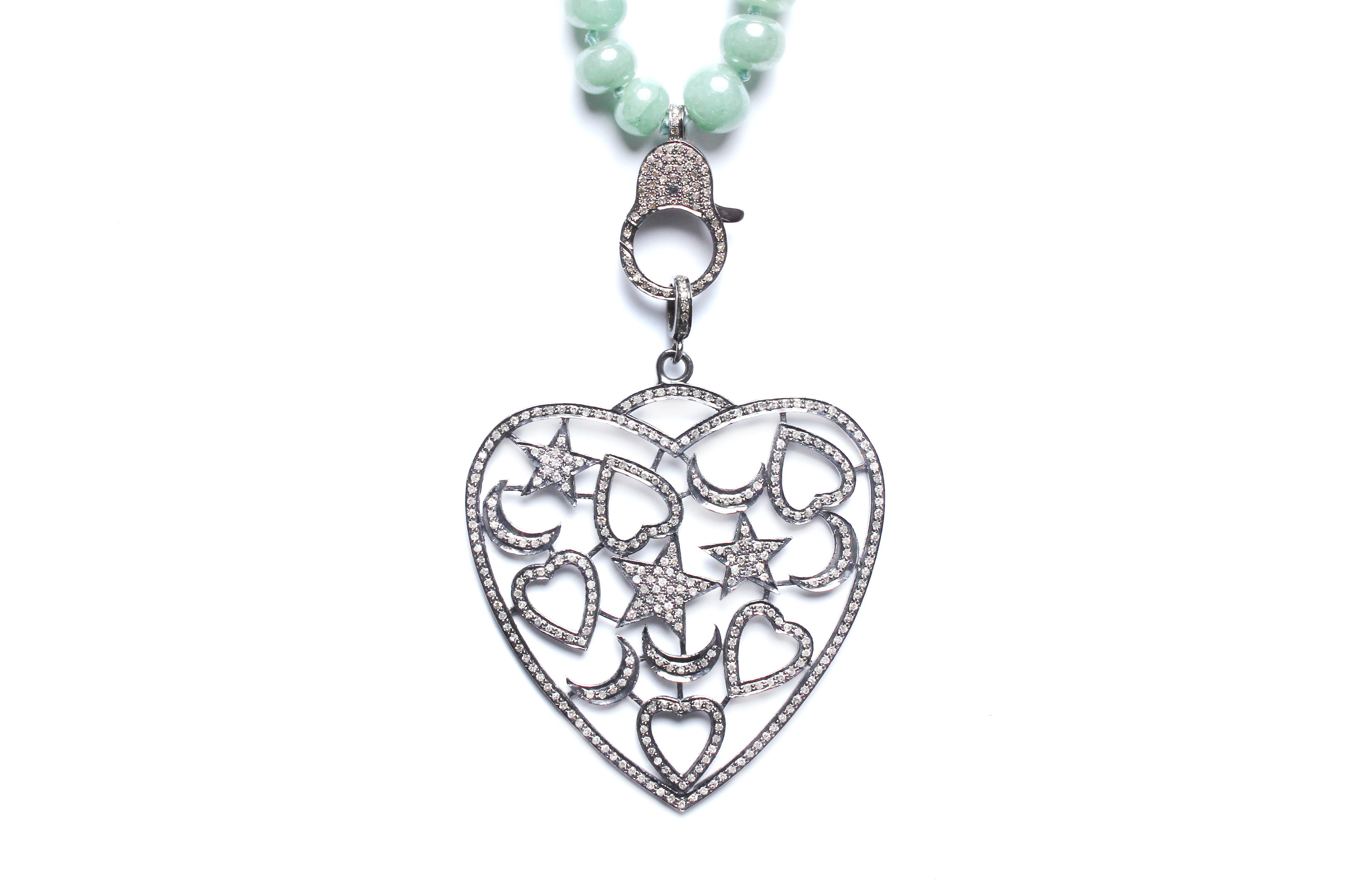 Mixed Cut Clarissa Bronfman Green Agate, Jade, Diamond Heart Pendant Beaded Necklace