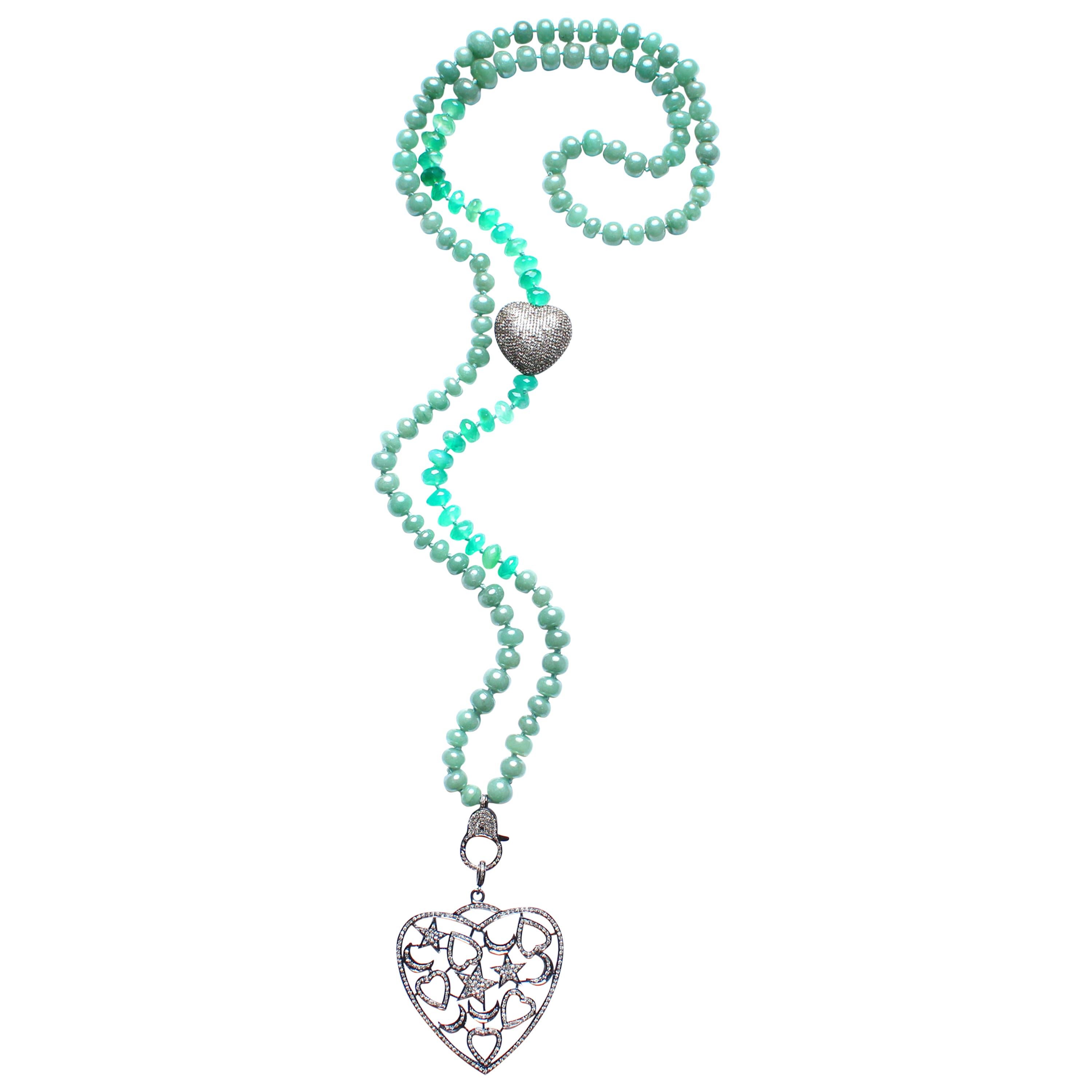 Clarissa Bronfman Green Agate, Jade, Diamond Heart Pendant Beaded Necklace