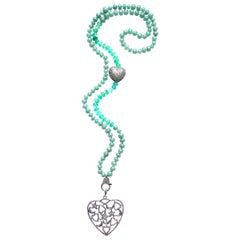 Clarissa Bronfman Green Agate, Jade, Diamond Heart Pendant Beaded Necklace