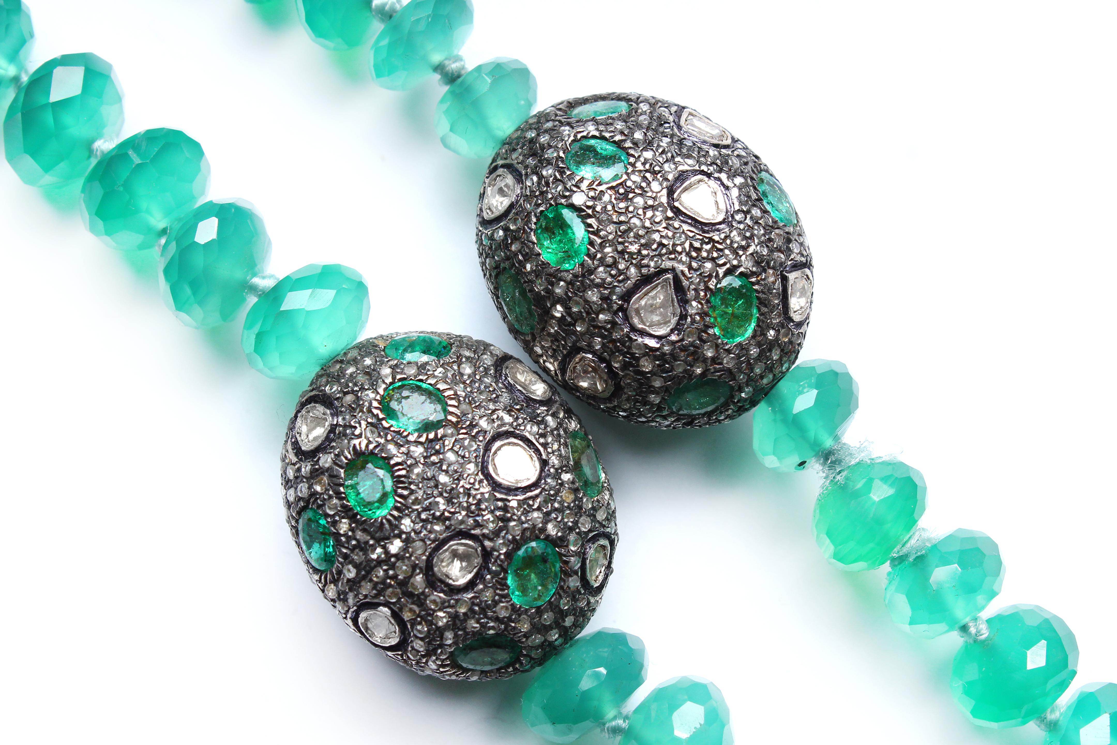 Contemporary Clarissa Bronfman Green Onyx Beaded Necklace with Diamond, Emerald, Enamel