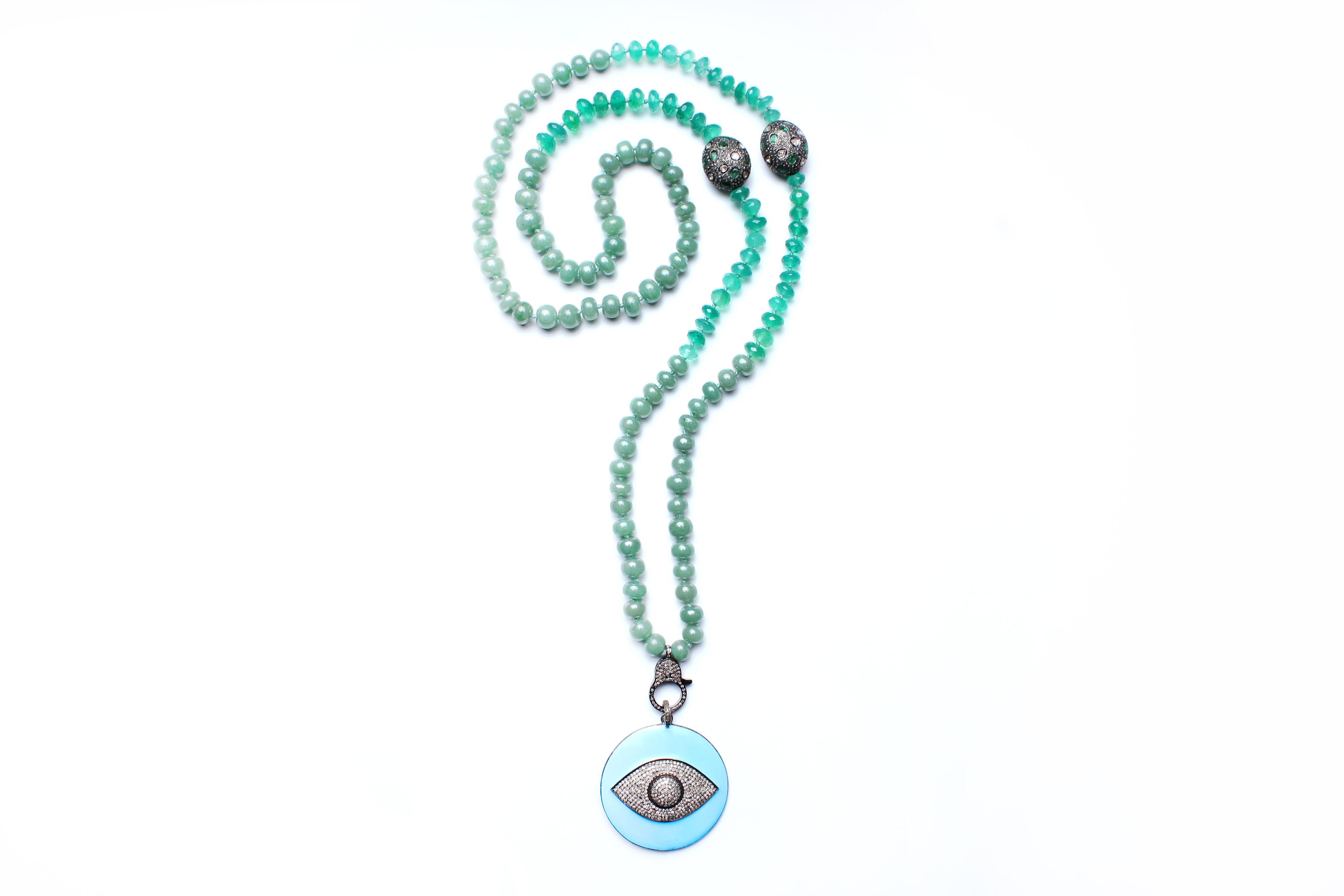 Emerald Cut Clarissa Bronfman Green Onyx Beaded Necklace with Diamond, Emerald, Enamel