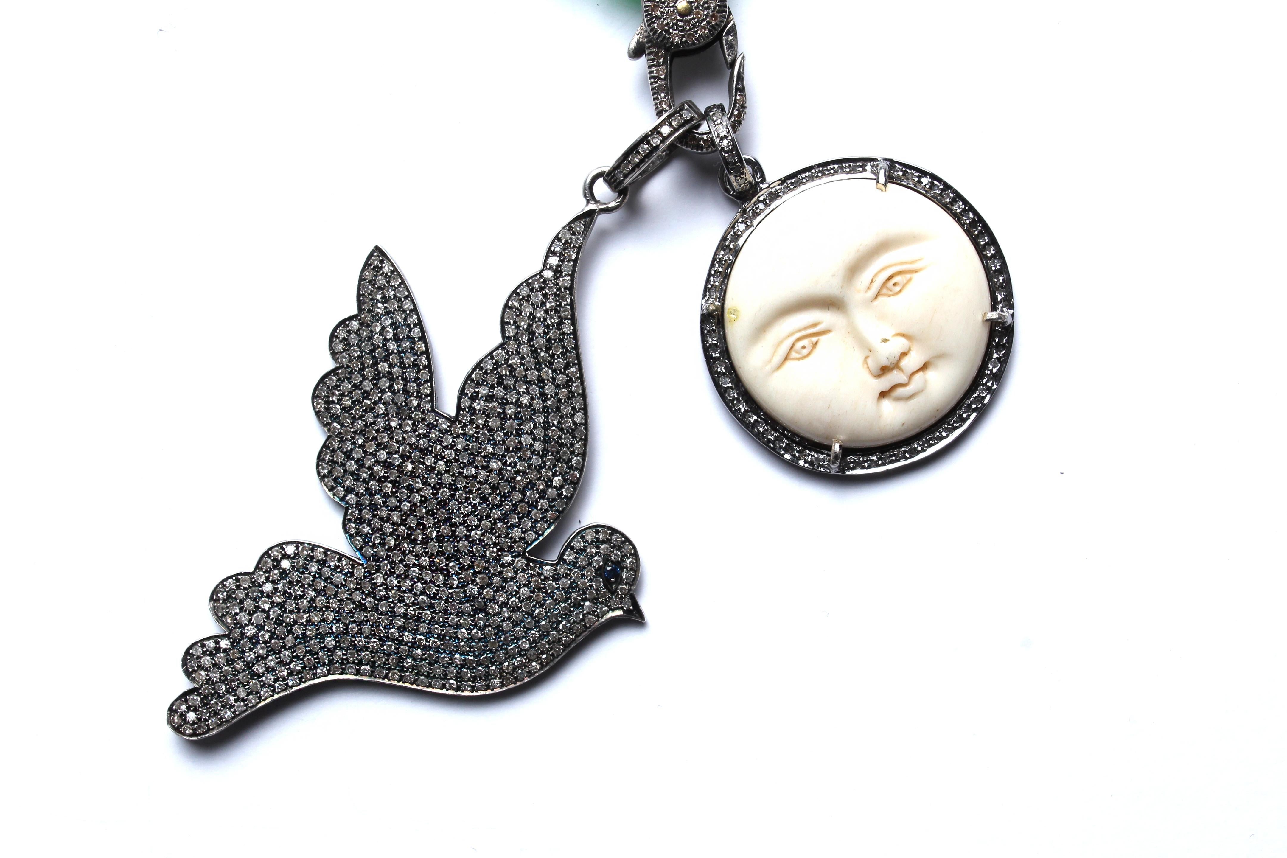 Contemporary Clarissa Bronfman Green Onyx, Diamond, Bone, Silver, Opal Moon Dove Necklace
