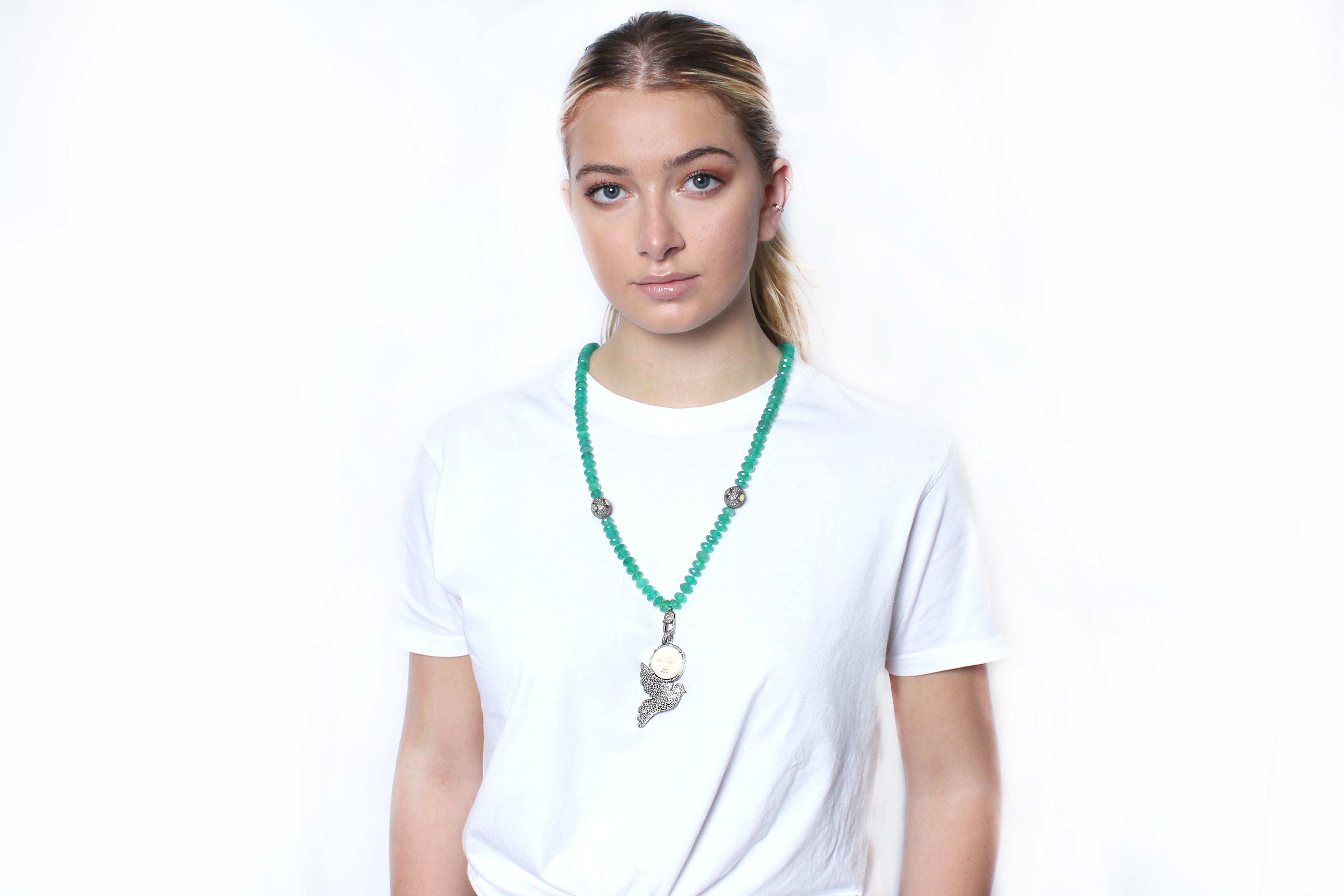Clarissa Bronfman Green Onyx, Diamond, Bone, Silver, Opal Moon Dove Necklace In New Condition In New York, NY