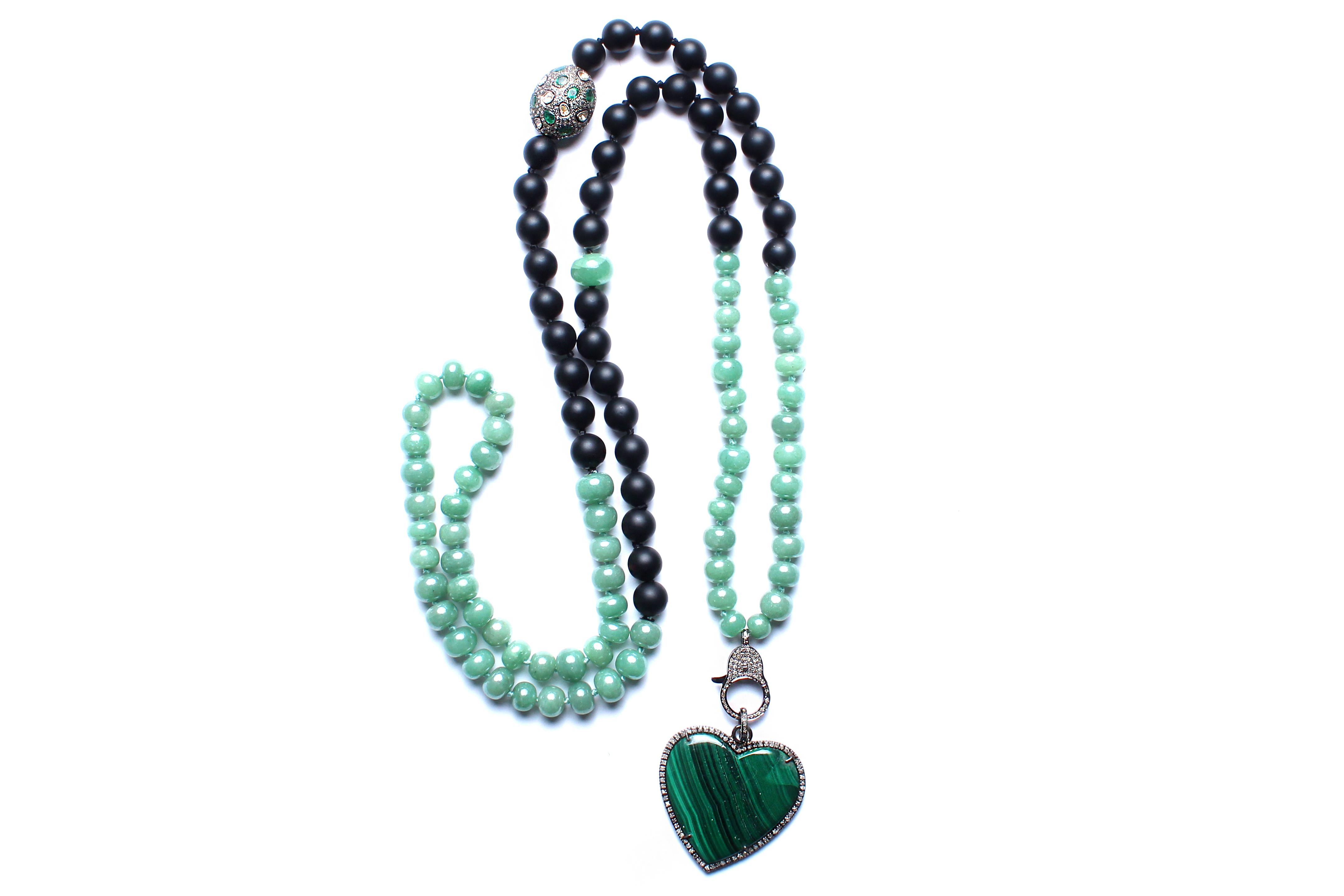 Rose Cut Clarissa Bronfman Green Onyx, Jade, Emerald, Chalcedony, Diamond Heart Necklace