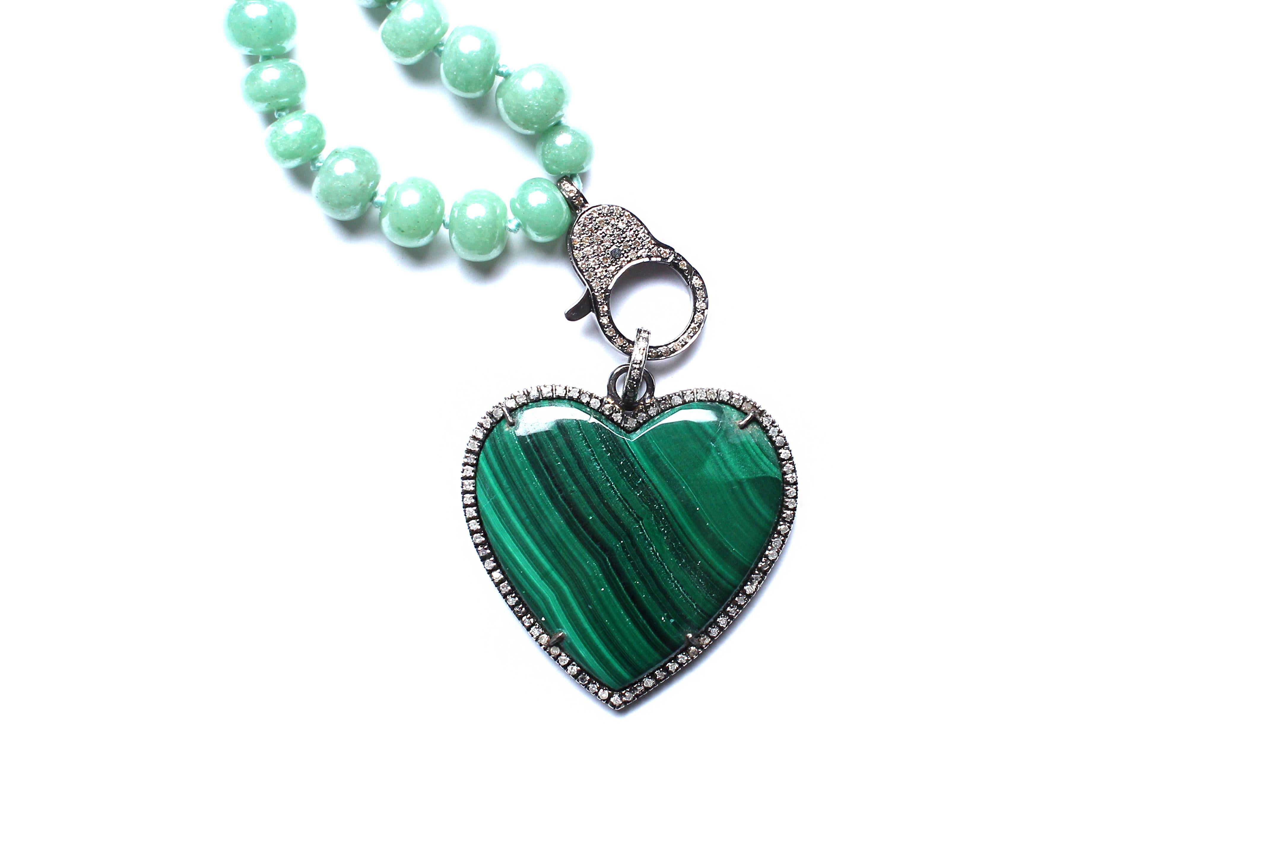 Clarissa Bronfman Green Onyx, Jade, Emerald, Chalcedony, Diamond Heart Necklace In New Condition In New York, NY