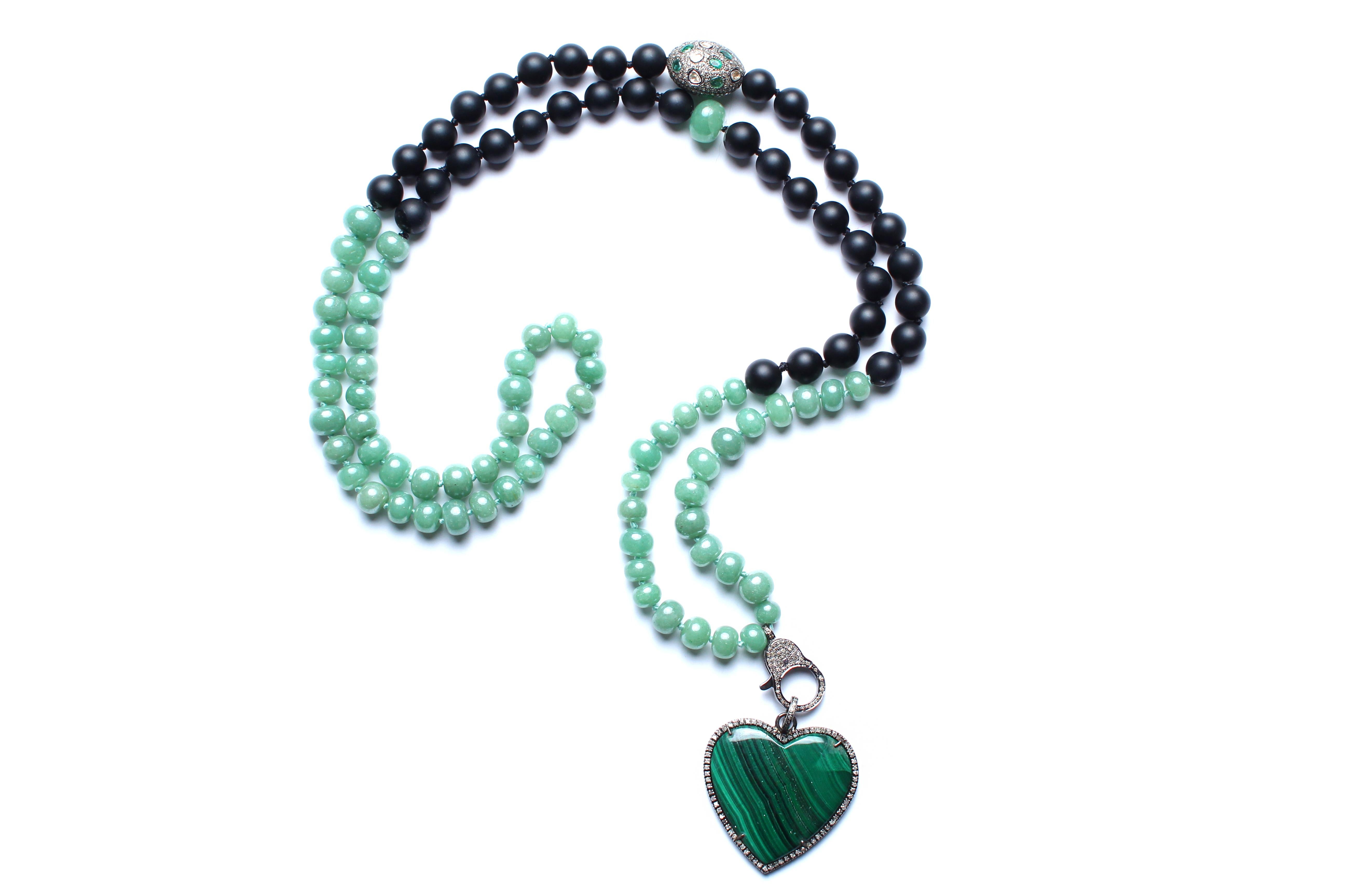Women's or Men's Clarissa Bronfman Green Onyx, Jade, Emerald, Chalcedony, Diamond Heart Necklace