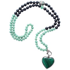 Clarissa Bronfman Green Onyx, Jade, Emerald, Chalcedony, Diamond Heart Necklace